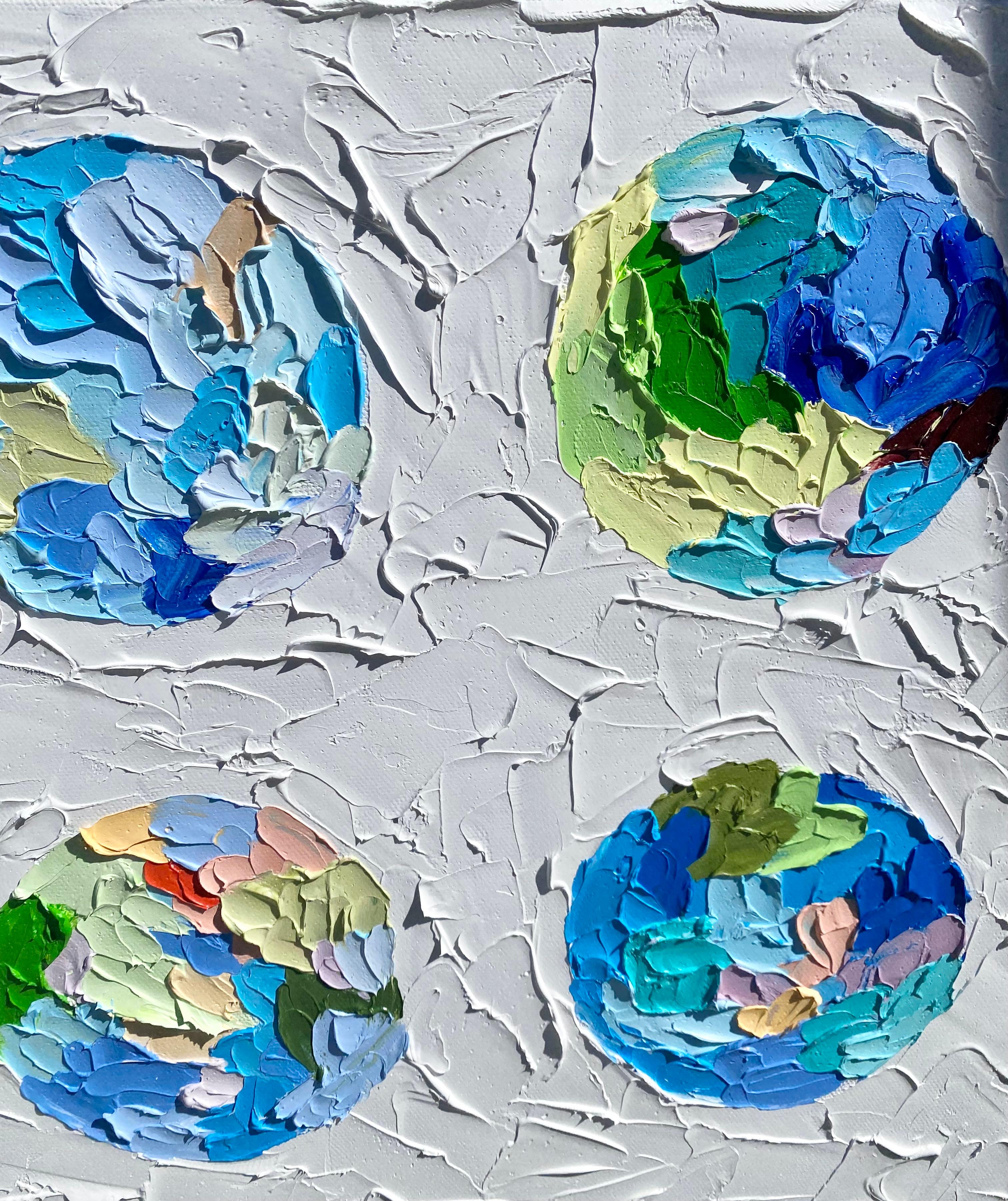 Pianeti astratti contemporanei 'Tropical' in bianco  cerchi blu, gialli e rossi 3