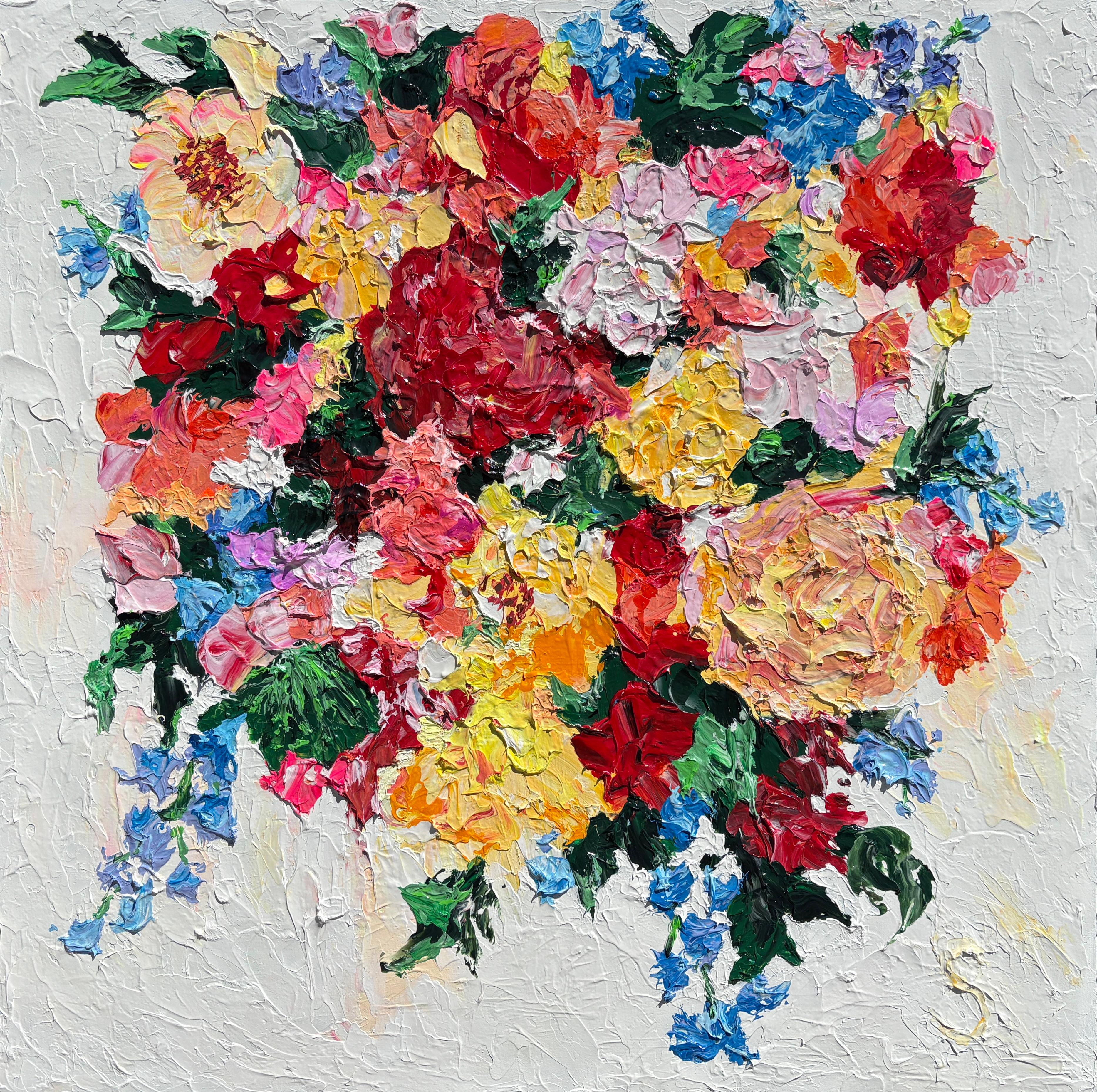 Abstract Painting di Sveta Hessler - "Selvaggio e bello" di Sveta - Stupendo bouquet di fiori ad olio colorati e strutturati