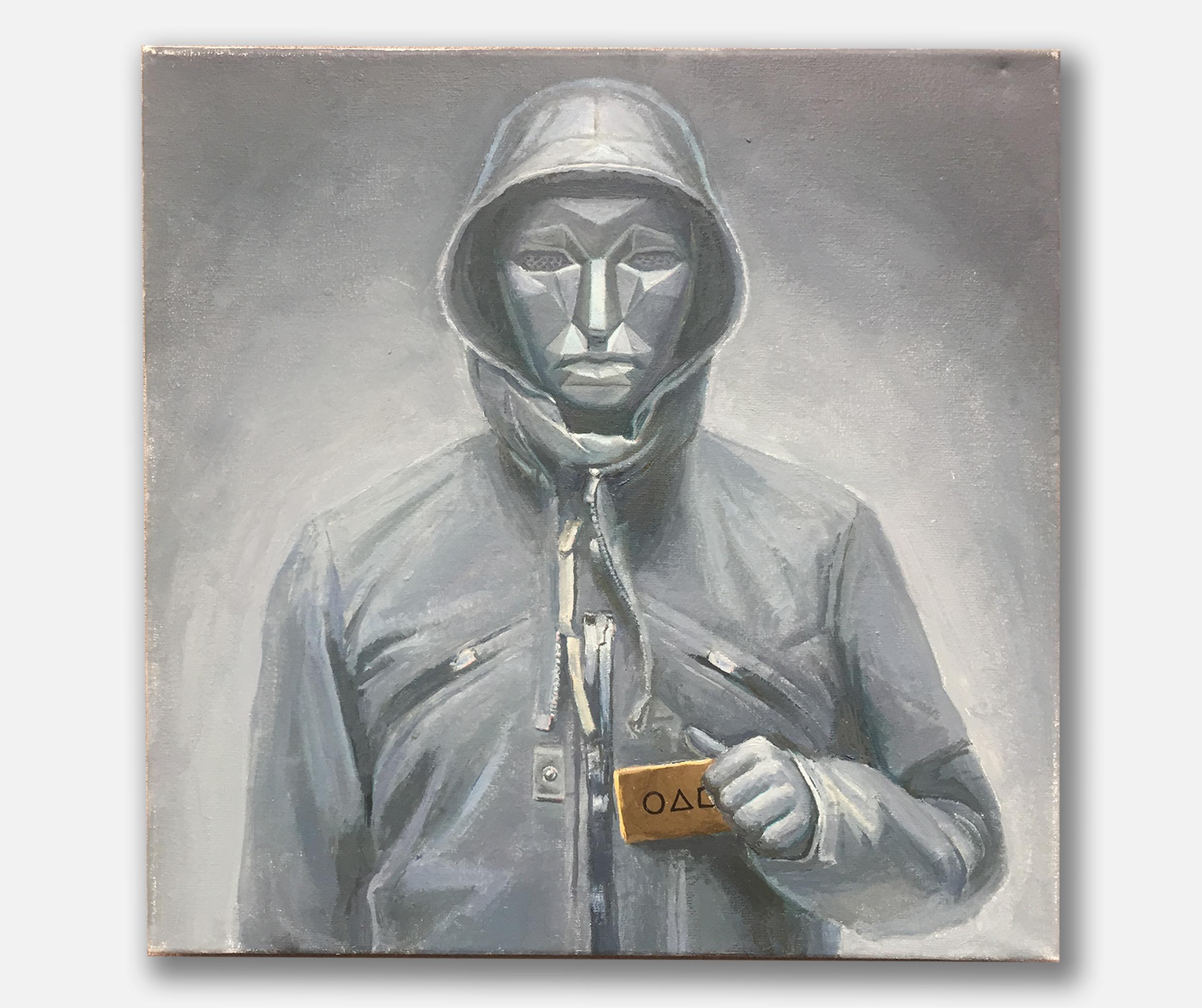 El retrato, pintado en tonos grises y azules, representa a una persona con una chaqueta con capucha que sostiene una tarjeta dorada. Es un personaje importante de la serie 