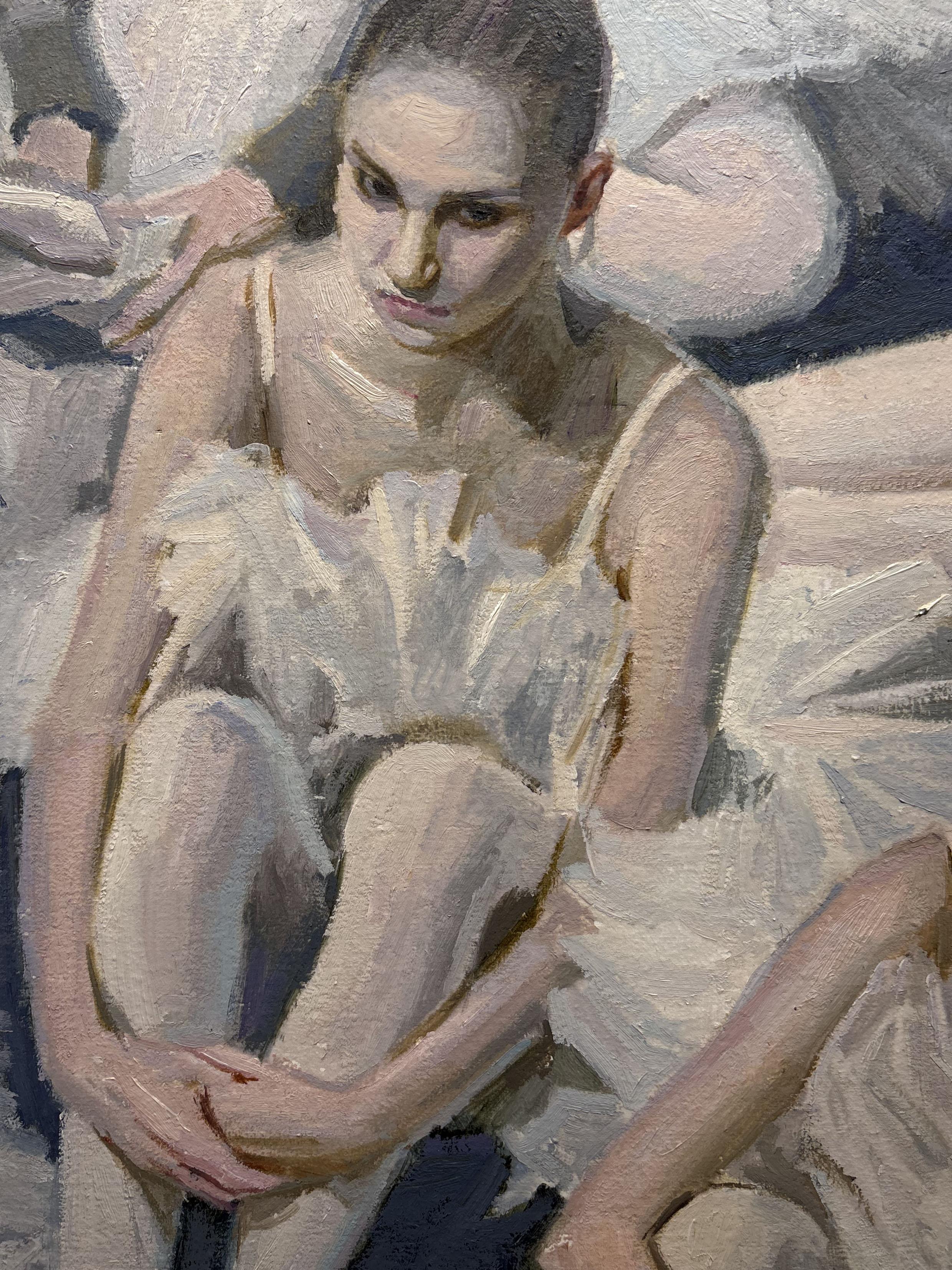 The painting depicts several ballerinas sitting in various relaxed poses before the performance.

The composition of the painting is multi-layered, and there are many ballerinas sitting against the backdrop of white bedspreads. The poses and