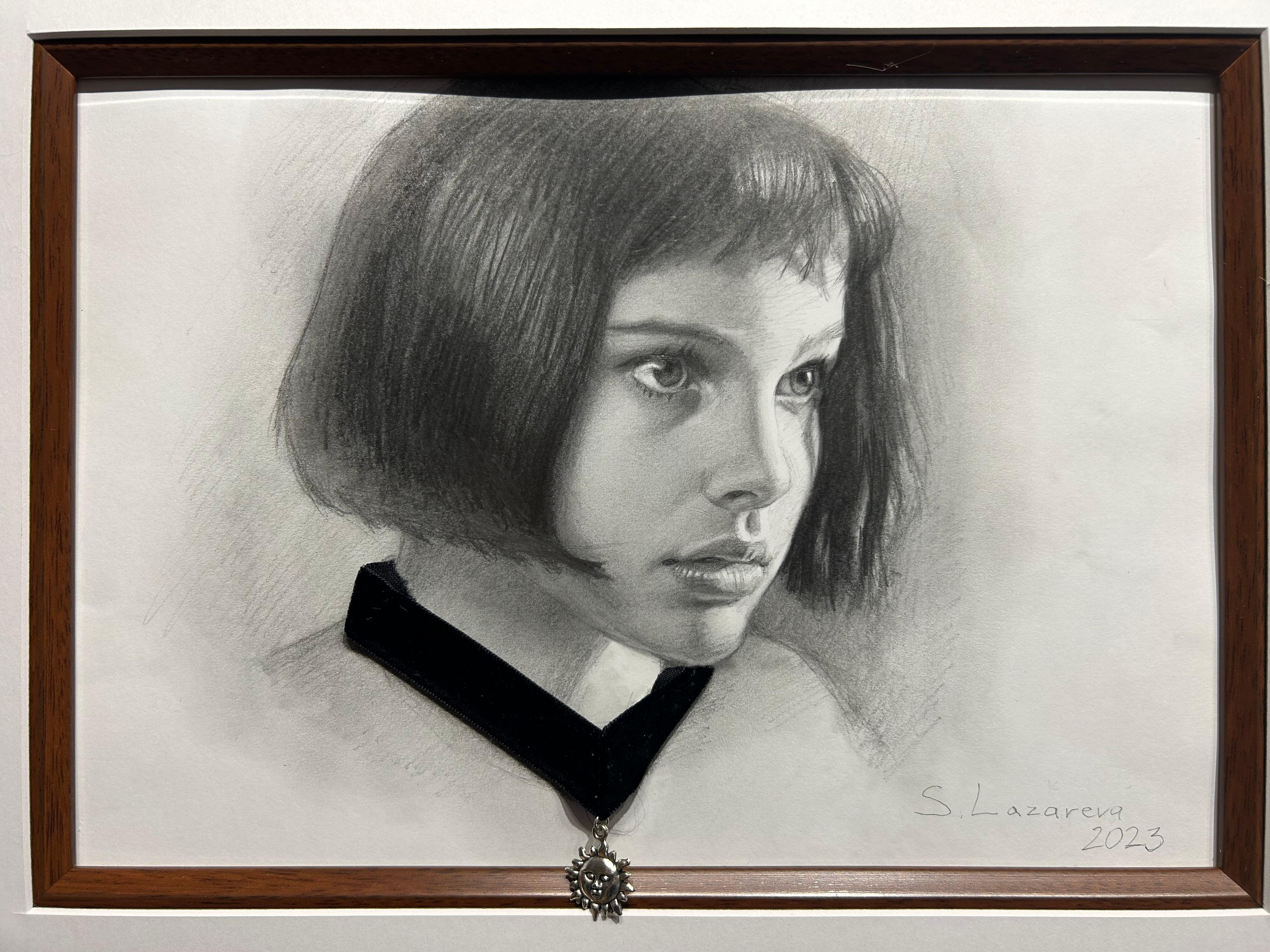 Two framed graphic portraits. Diptych. Based on the film “Leon: The Professional.” One depicts the film's main character, Matilda, a girl with a short bob haircut and a velvet choker. The other depicts the film's main character, Leon, wearing a