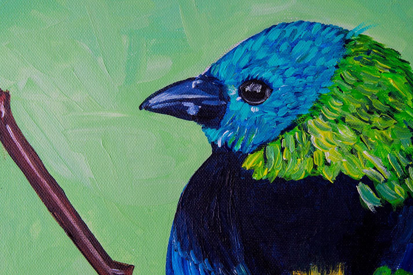 Un pajarito sobre un fondo de lechuga. - Painting de Svetlana Saratova