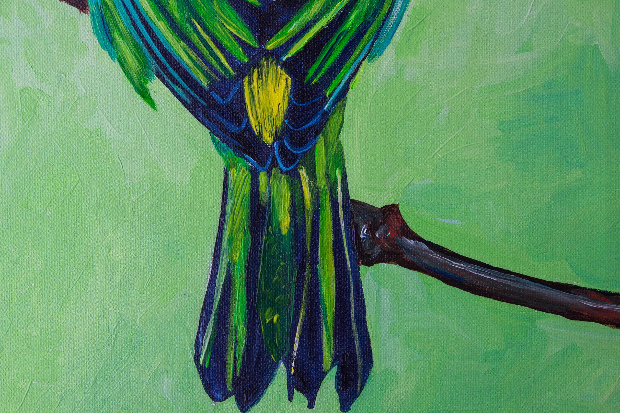 Un pajarito sobre un fondo de lechuga. - Painting Abstracto de Svetlana Saratova