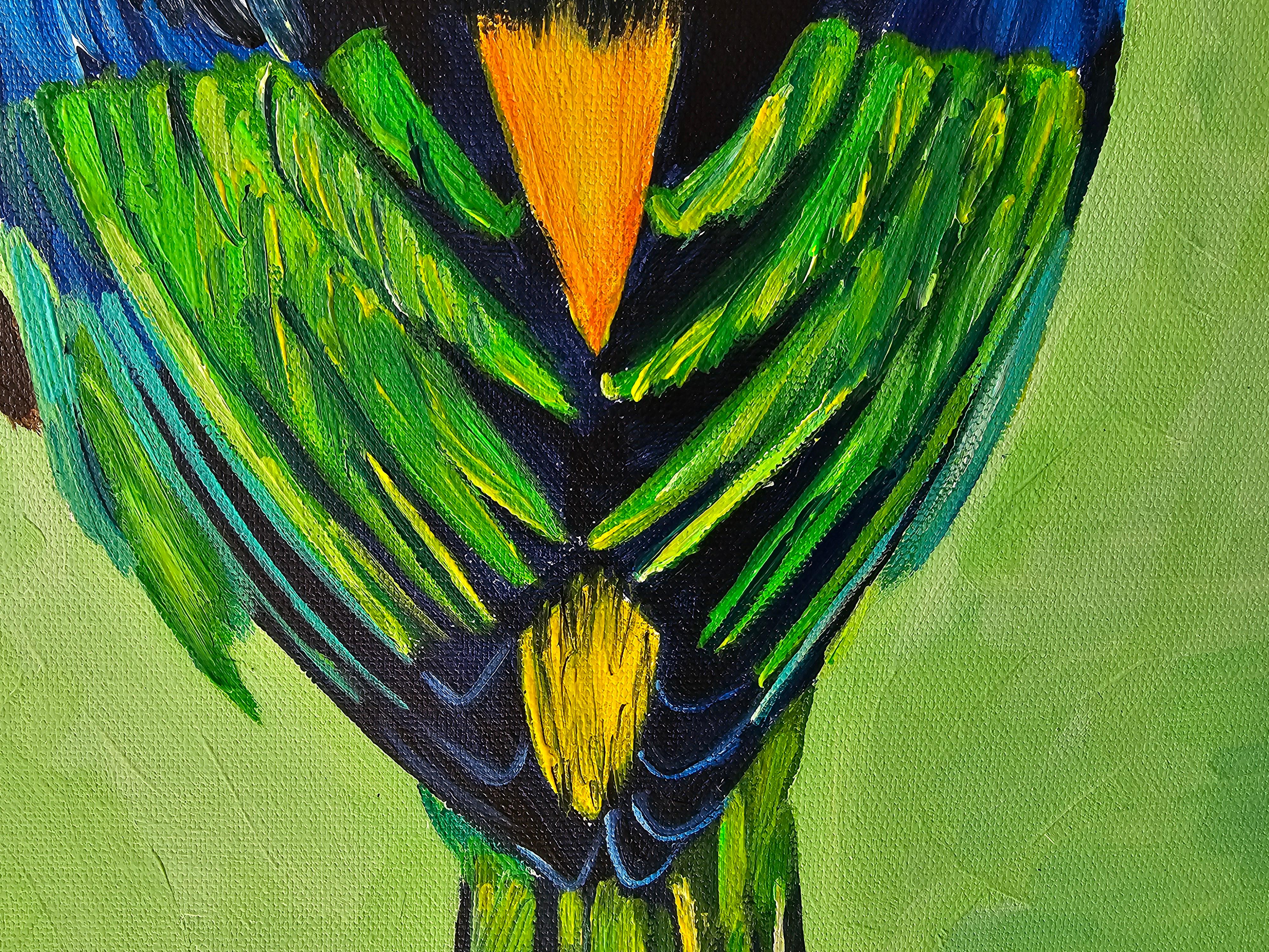 Un pajarito sobre un fondo de lechuga. en venta 1