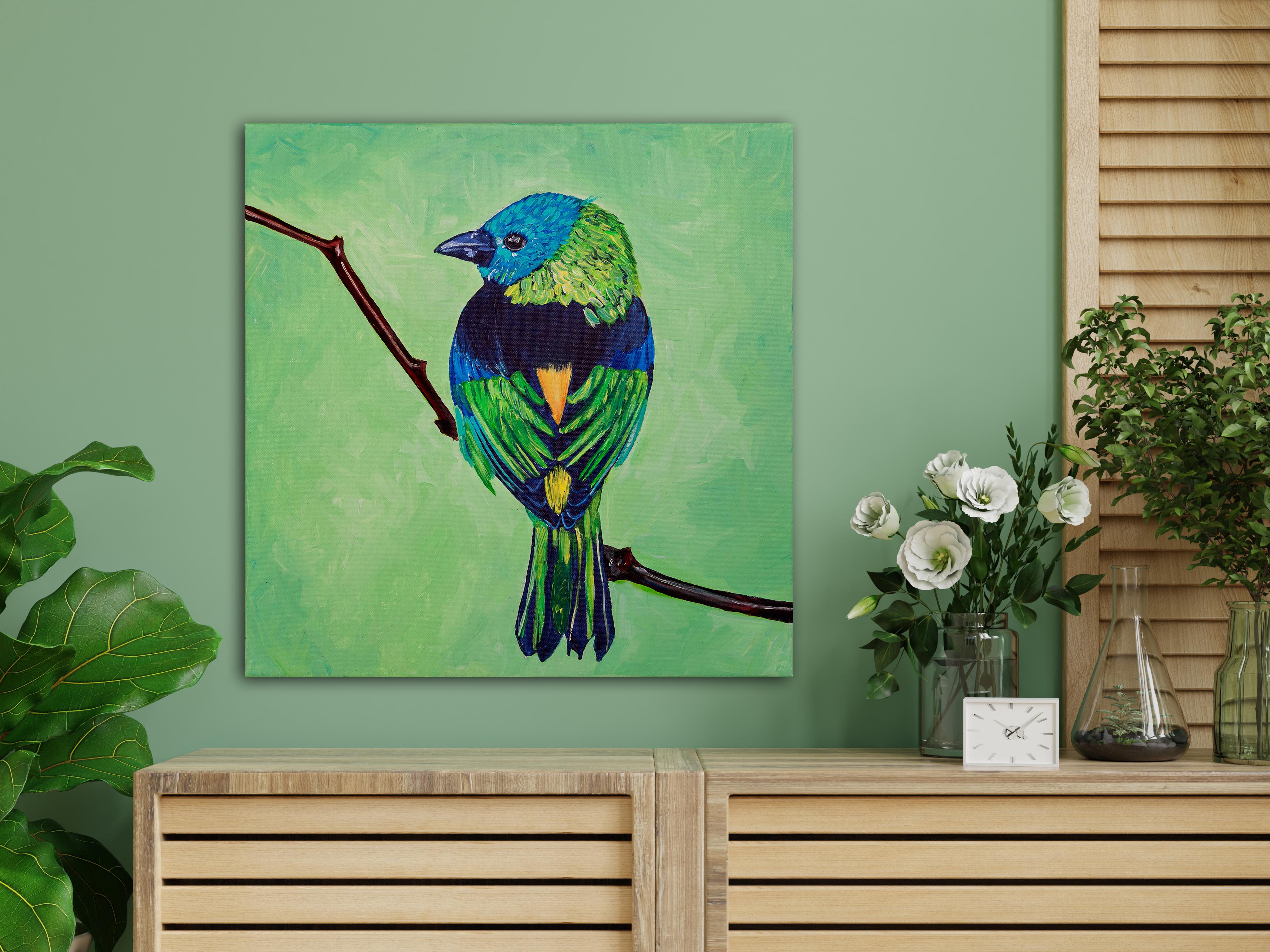 Un pajarito sobre un fondo de lechuga. en venta 3