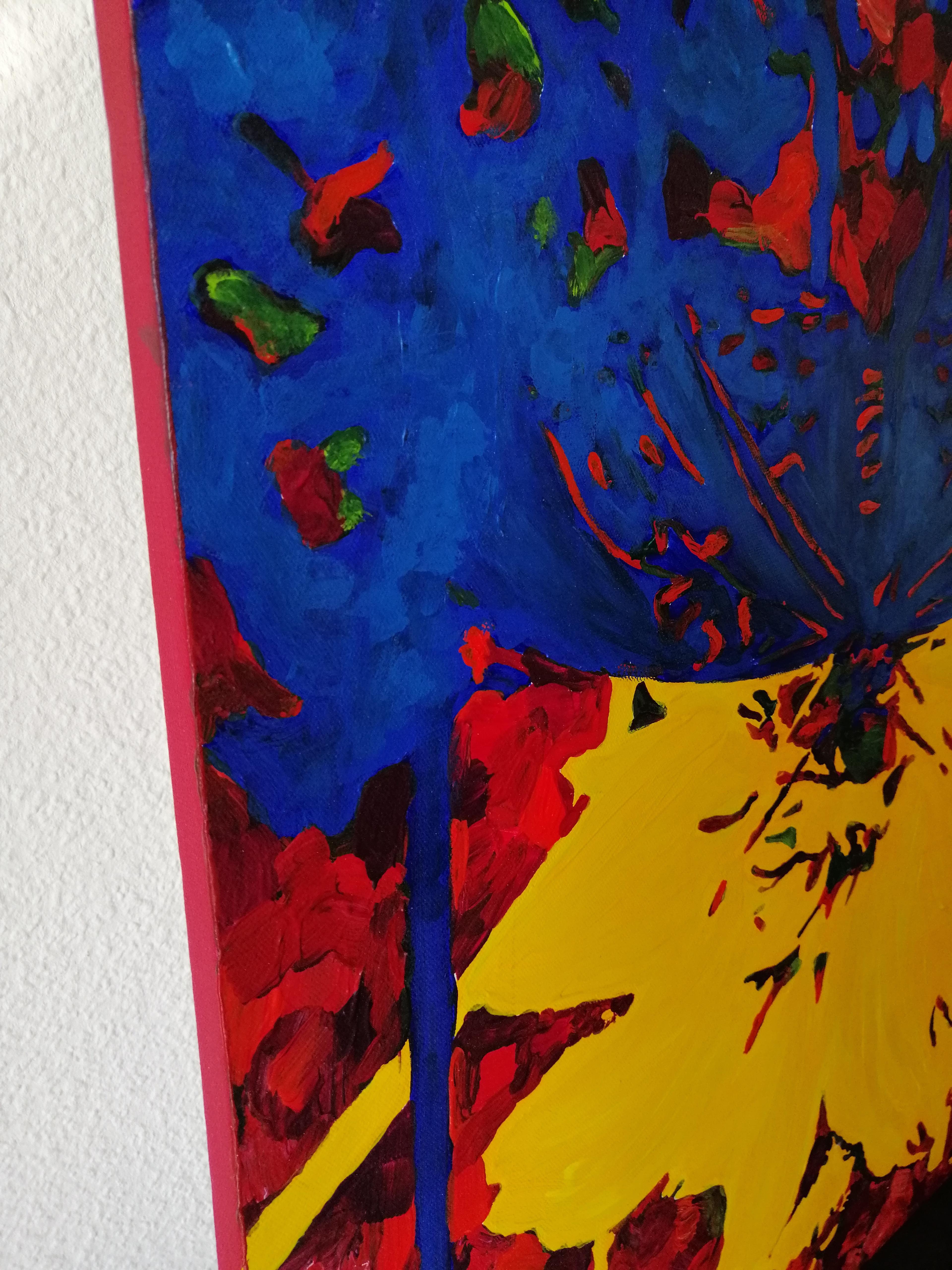 This vibrant painting features a dynamic combination of colors and textures, creating a striking visual contrast. The central focus appears to be a large, stylized yellow flower with bold, abstract shapes that give it a sense of energy and movement.