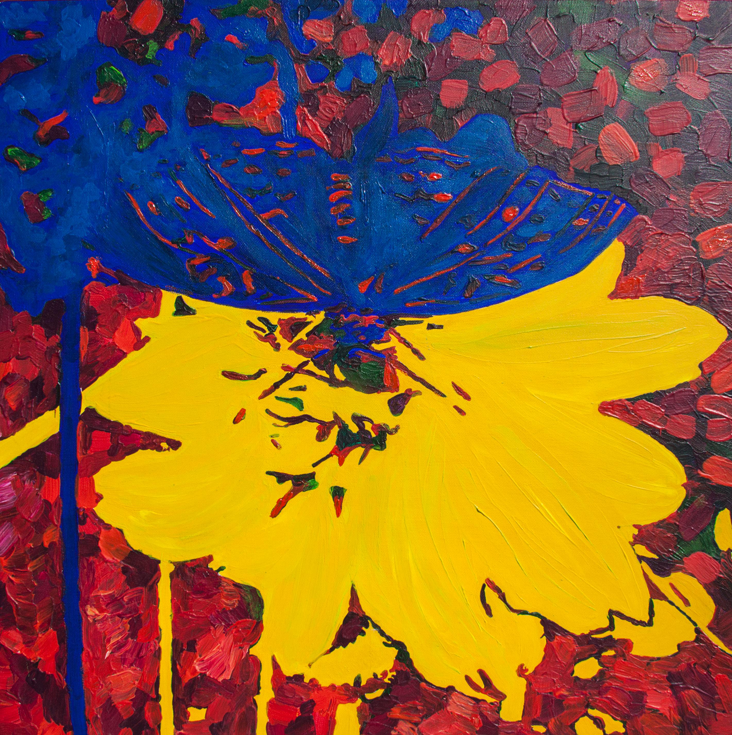 Svetlana Saratova Animal Painting - Blue butterfly on a yellow flower