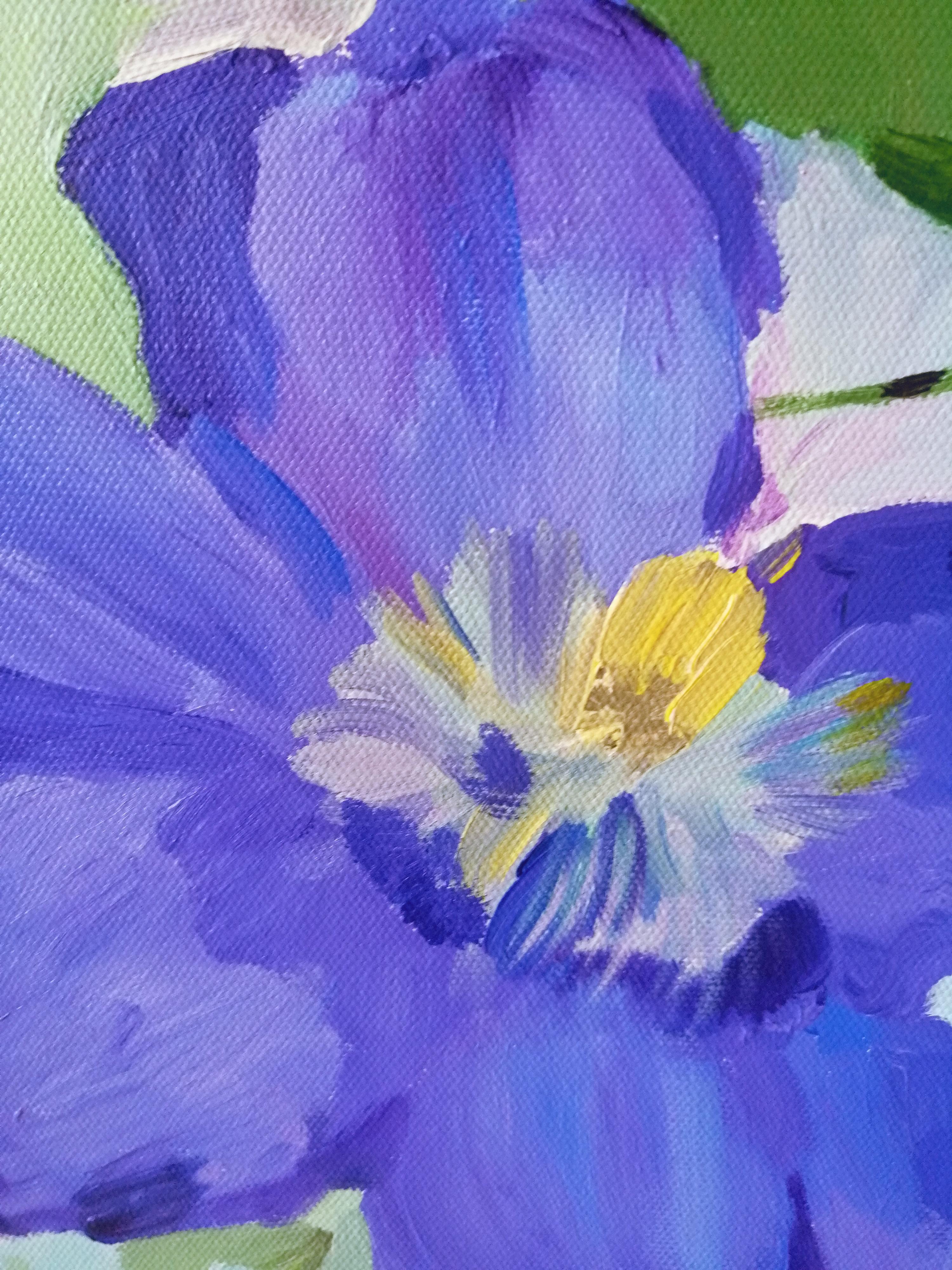 Flores de clemátide a lo largo de un muro de ladrillo - Painting de Svetlana Saratova