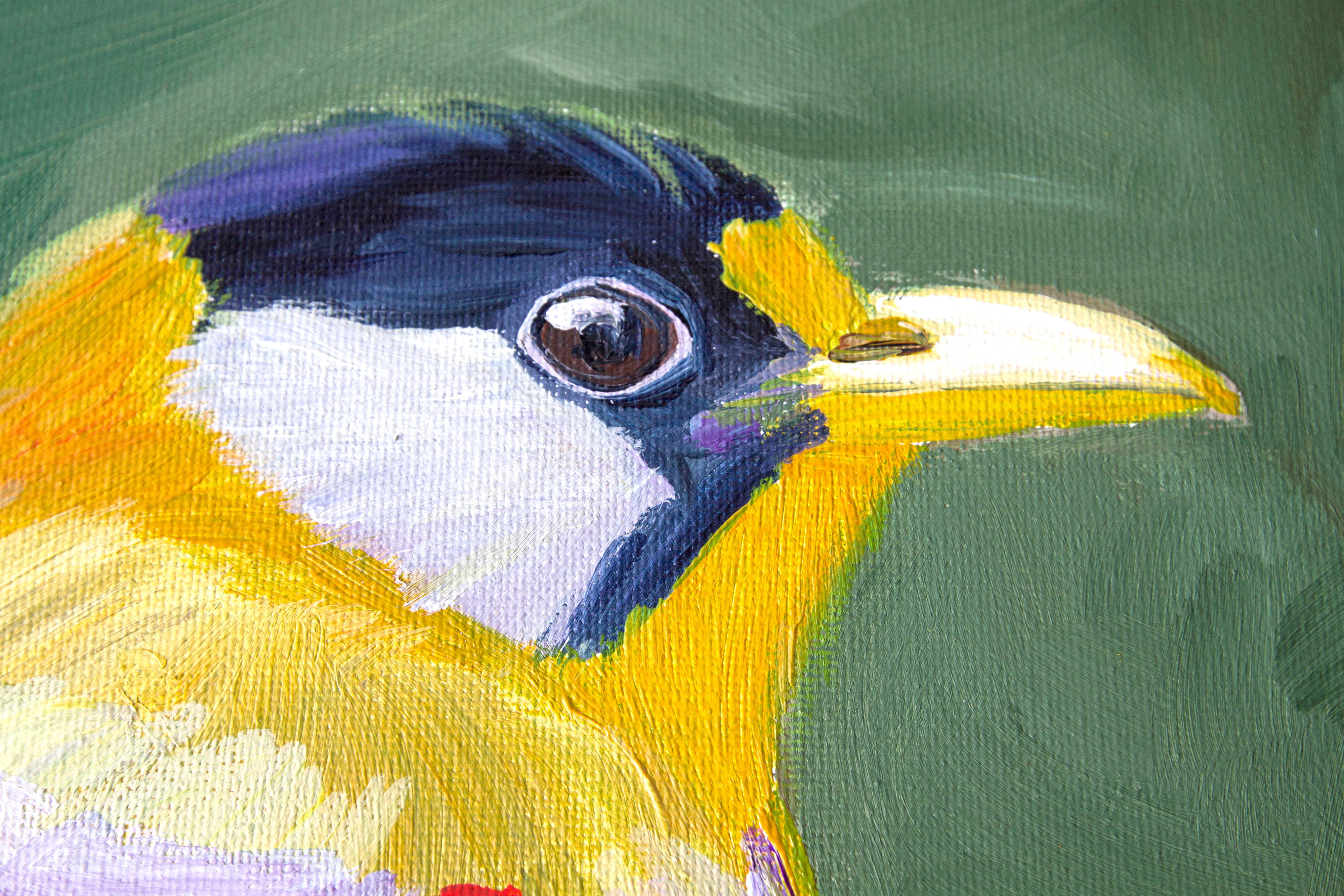 Colored bird on a dark green background. - Abstract Painting by Svetlana Saratova