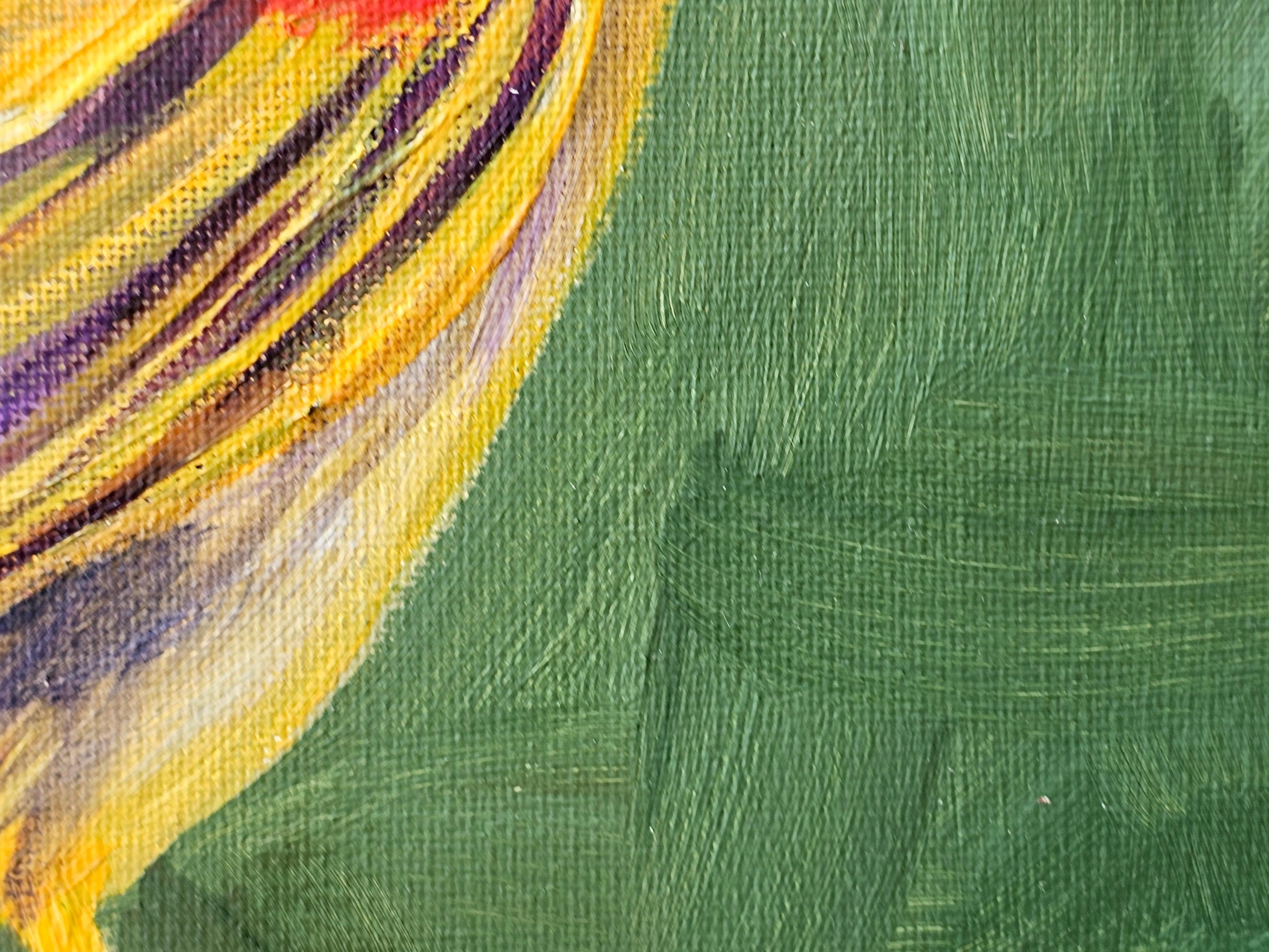 This vibrant and expressive painting features a small exotic bird perched on a moss-covered branch. Its plumage delights the eye with a rich palette: bold red accents blend harmoniously with shades of lilac, golden yellow, and olive green.

The deep