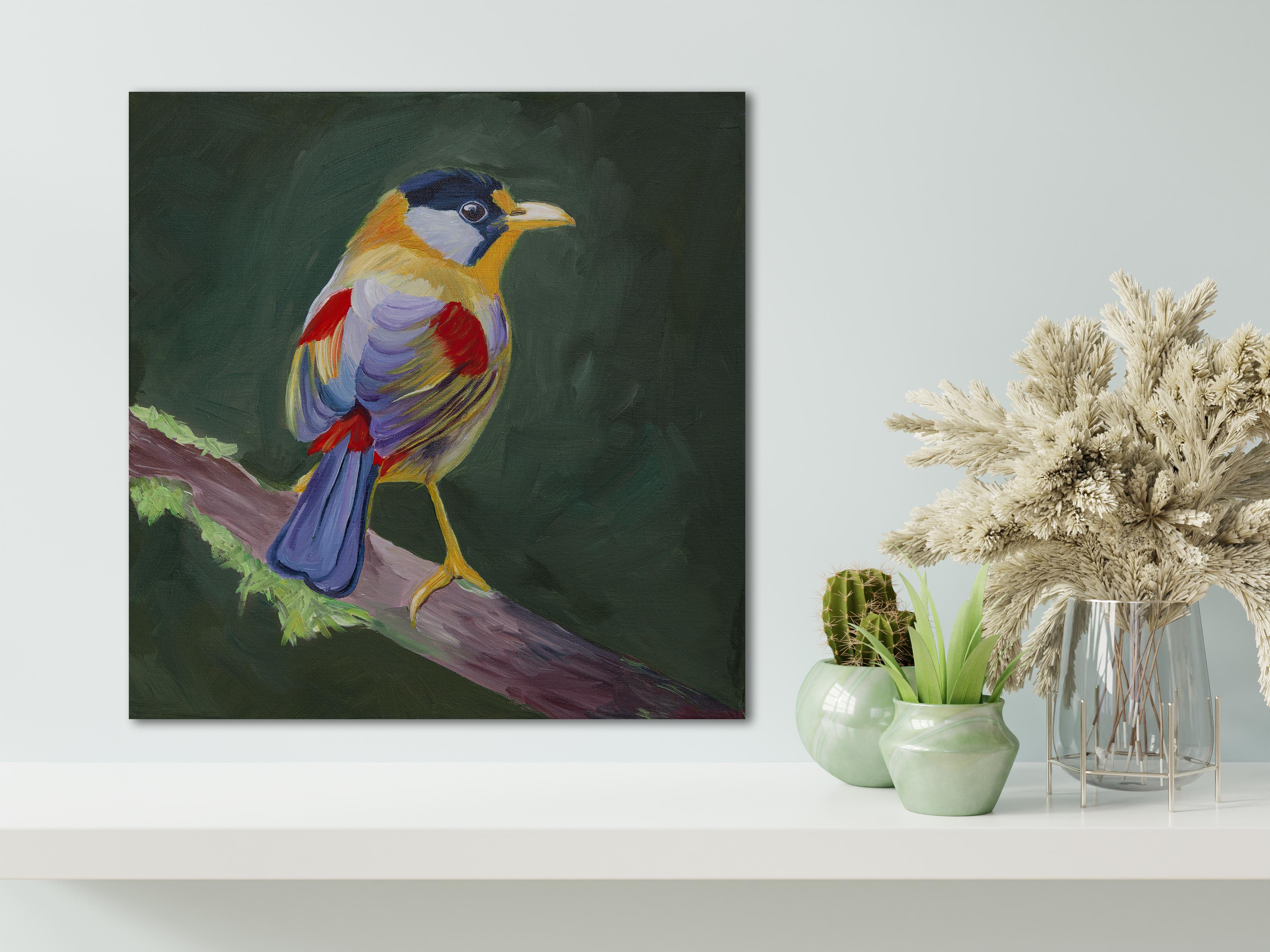 Colored bird on a dark green background. For Sale 3