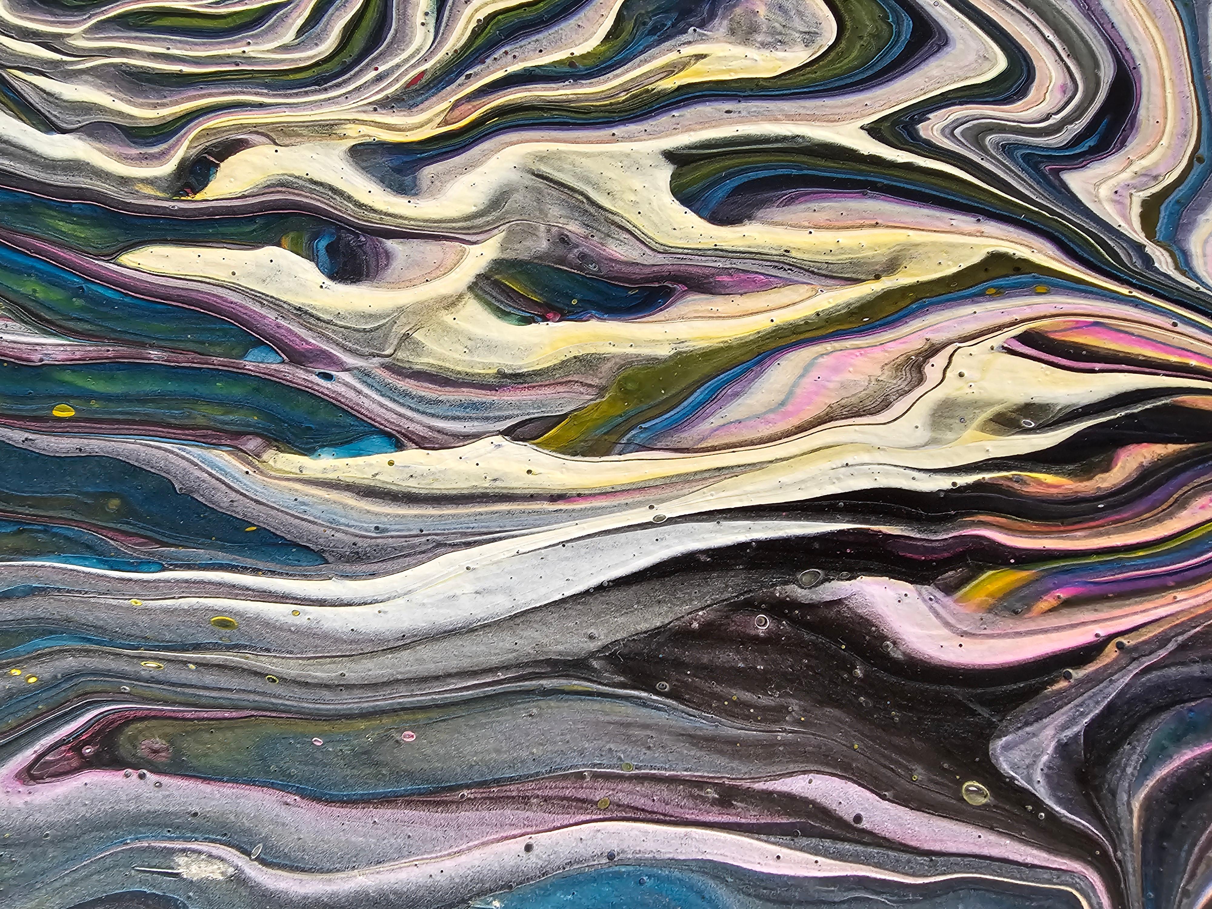 This artwork is created using the liquid acrylic technique on canvas. The painting features a swirling, dynamic composition, with intricate patterns formed by the merging of various vibrant colors. Shades of purple, green, yellow, and blue flow into