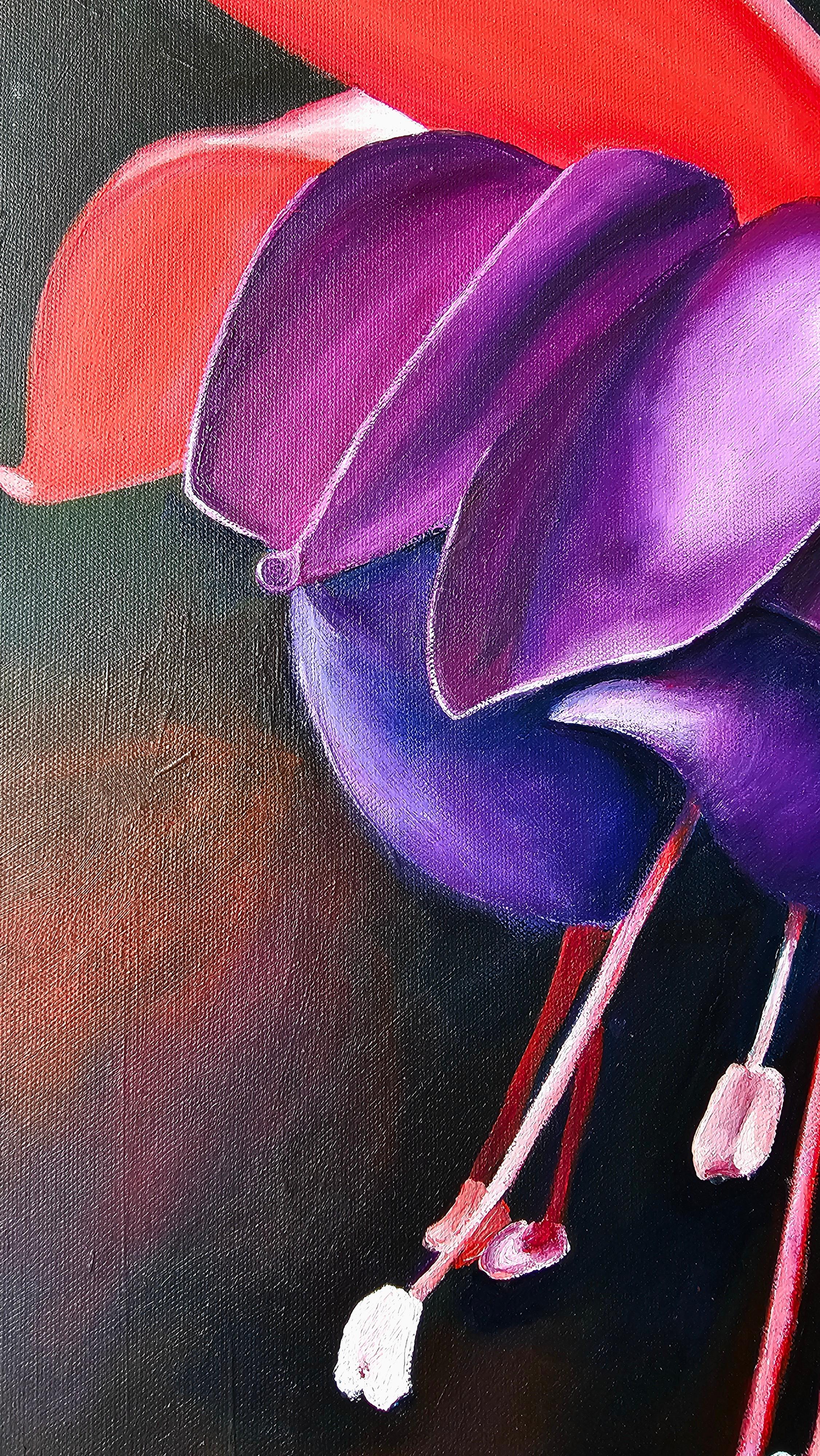 This painting captures one of nature’s most elegant flowers — the fuchsia — rendered in rich, vibrant shades of purple, magenta, and crimson. The voluminous petals seem to glow against a deep, dark background, highlighting the flower’s delicate and