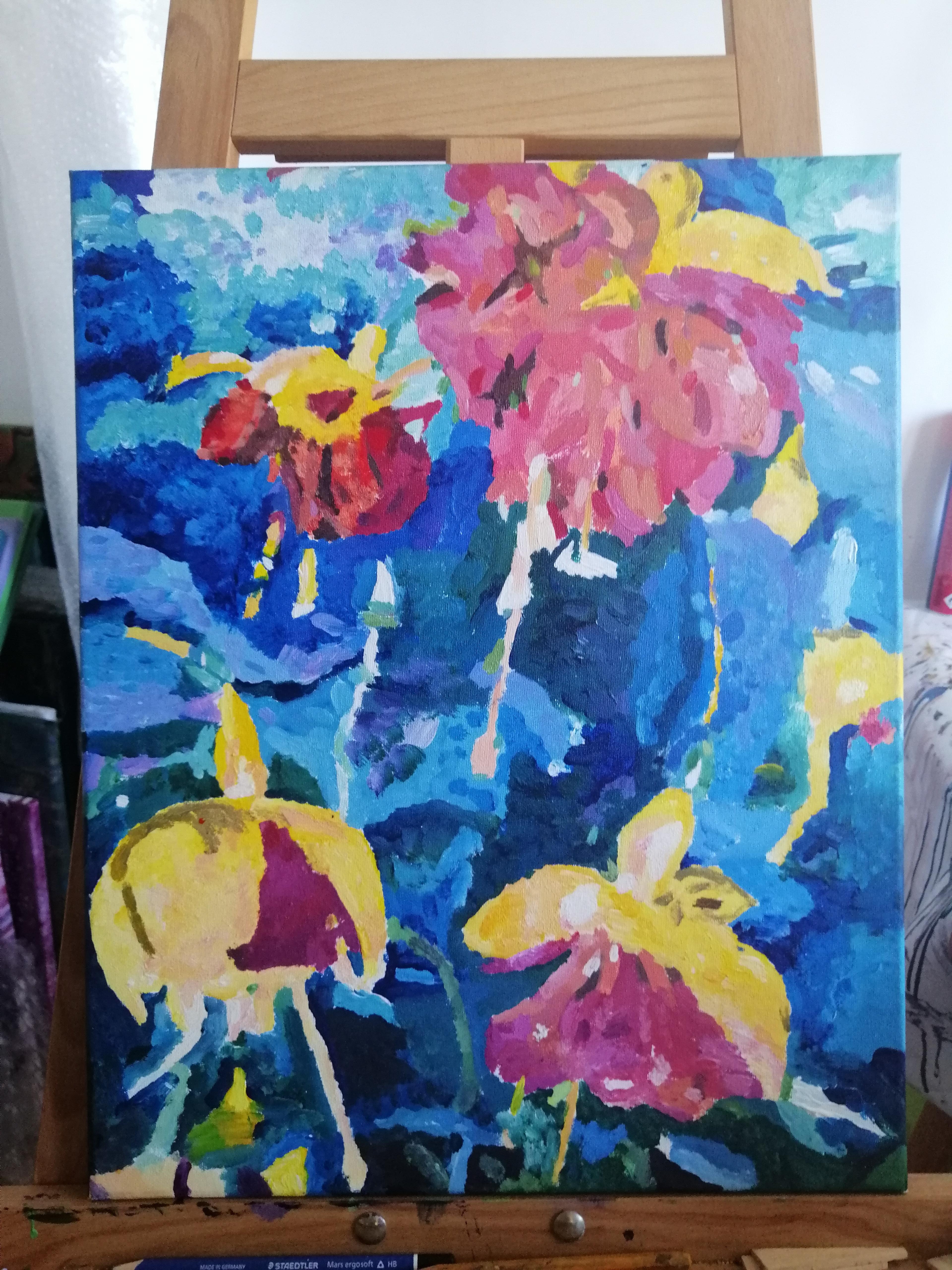 Fuchsia Flowers - Blue Interior Painting by Svetlana Saratova