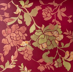 Peonías doradas sobre fondo burdeos