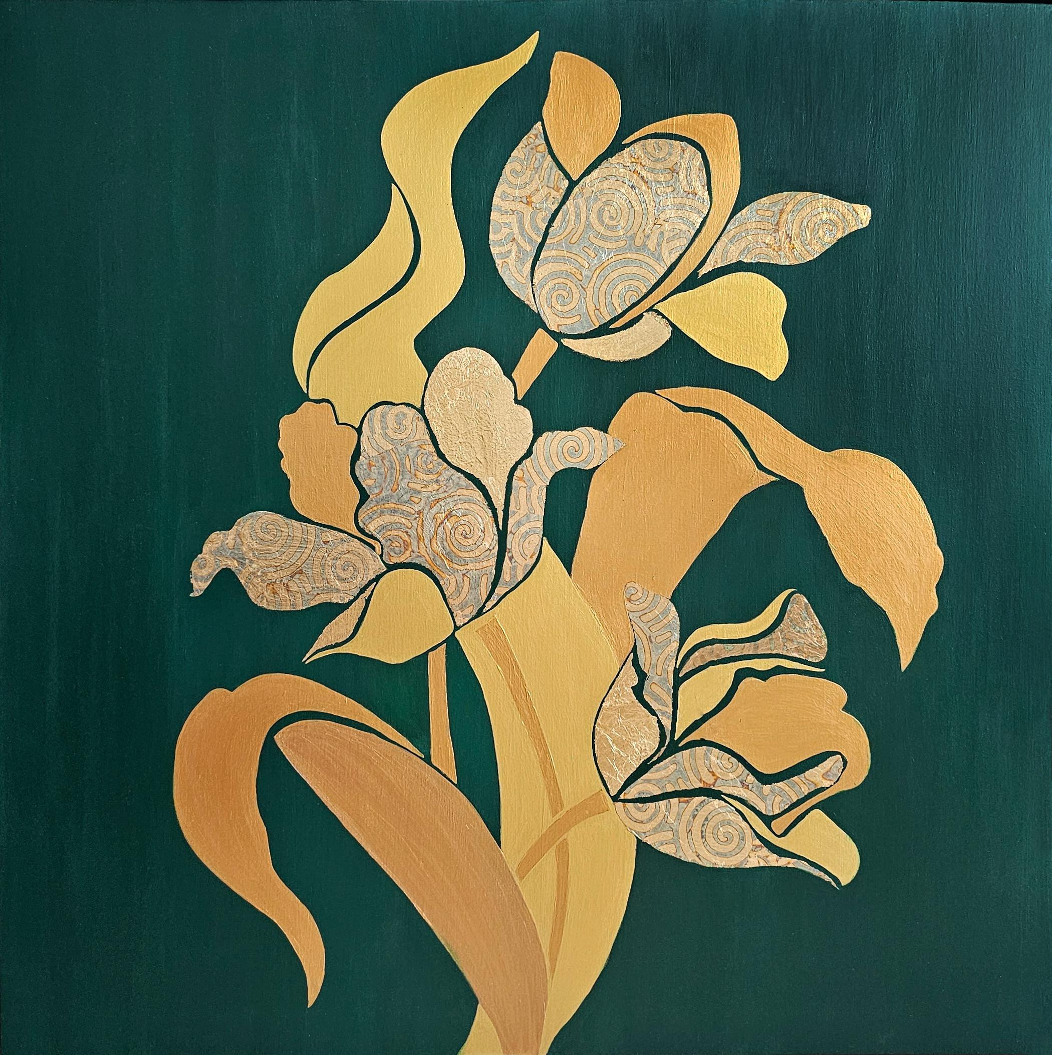 Svetlana Saratova Abstract Painting - Golden tulips on a green background