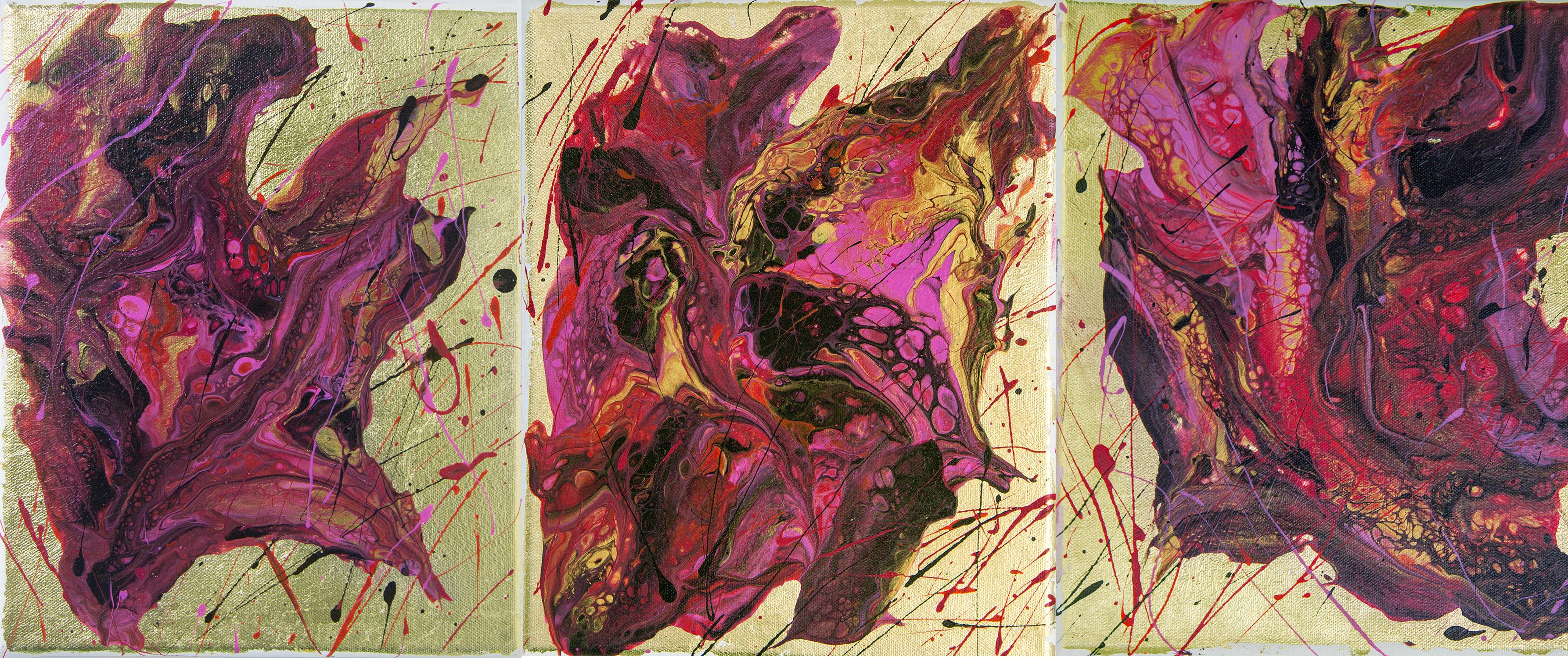 Magentafarbene Abstraktion auf einem goldenen Hintergrund. Triptychon