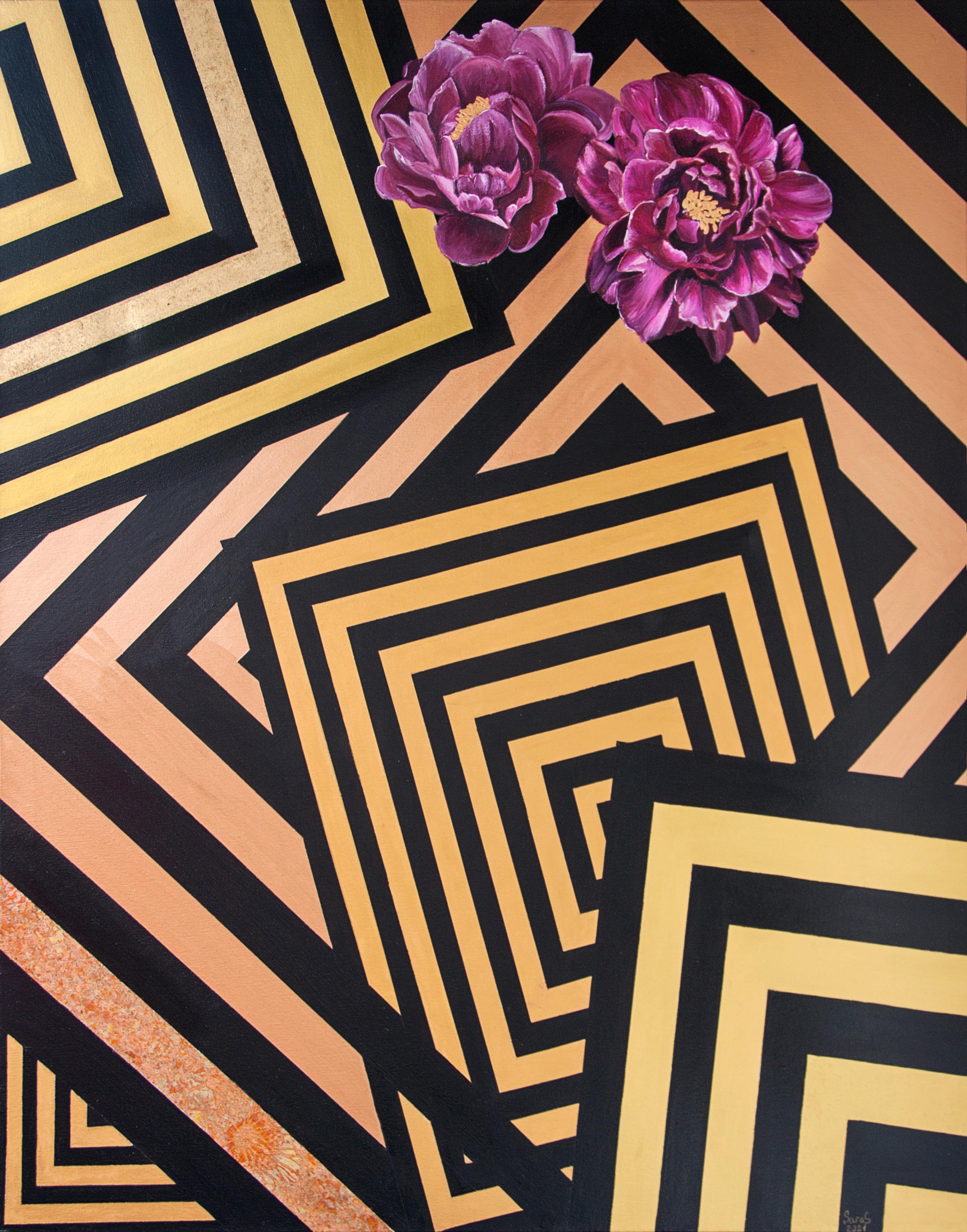 Svetlana Saratova Abstract Painting - Peonies on black gold graphic
