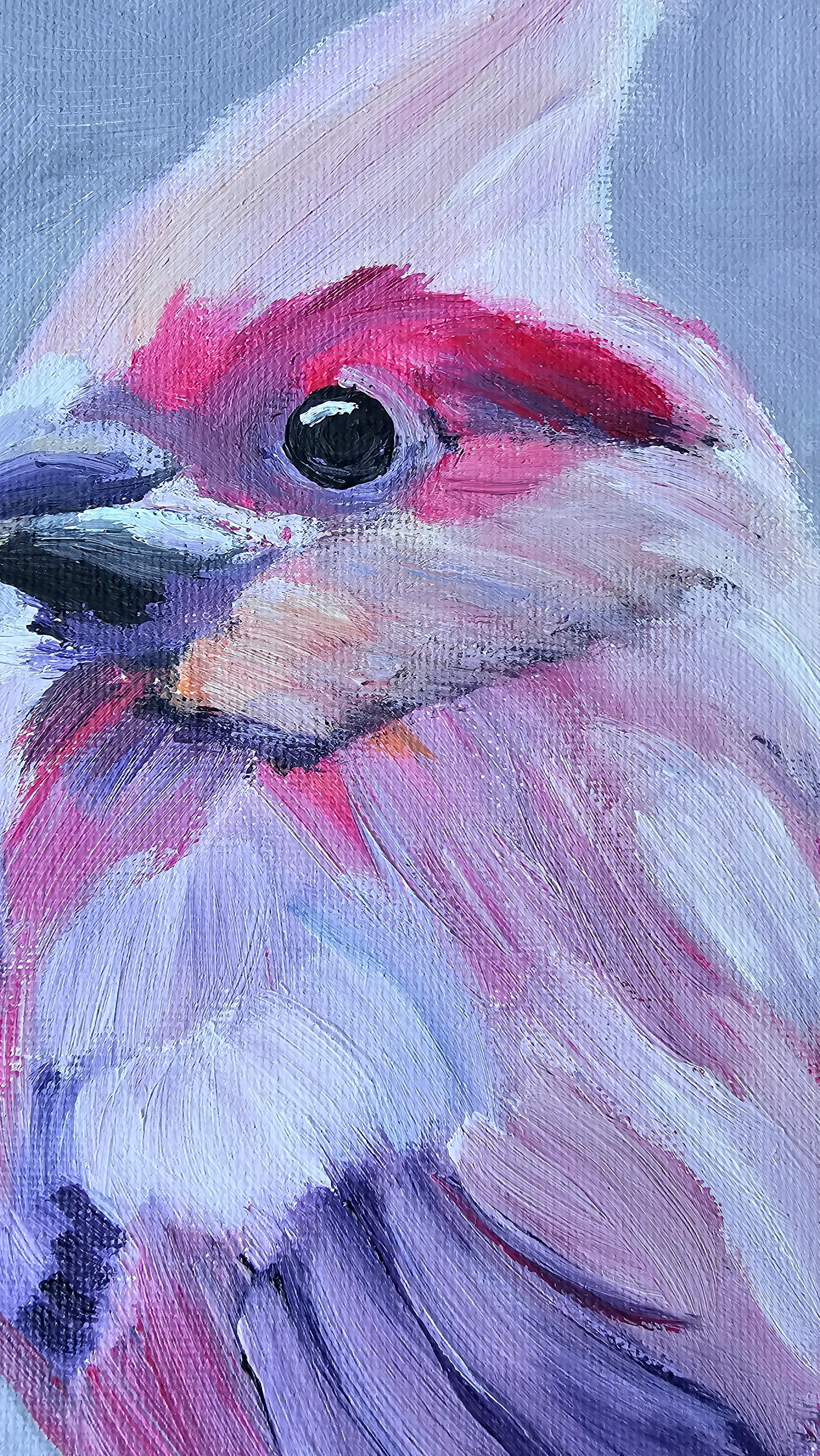 Pájaro rosa sobre lienzo lila. - Painting de Svetlana Saratova