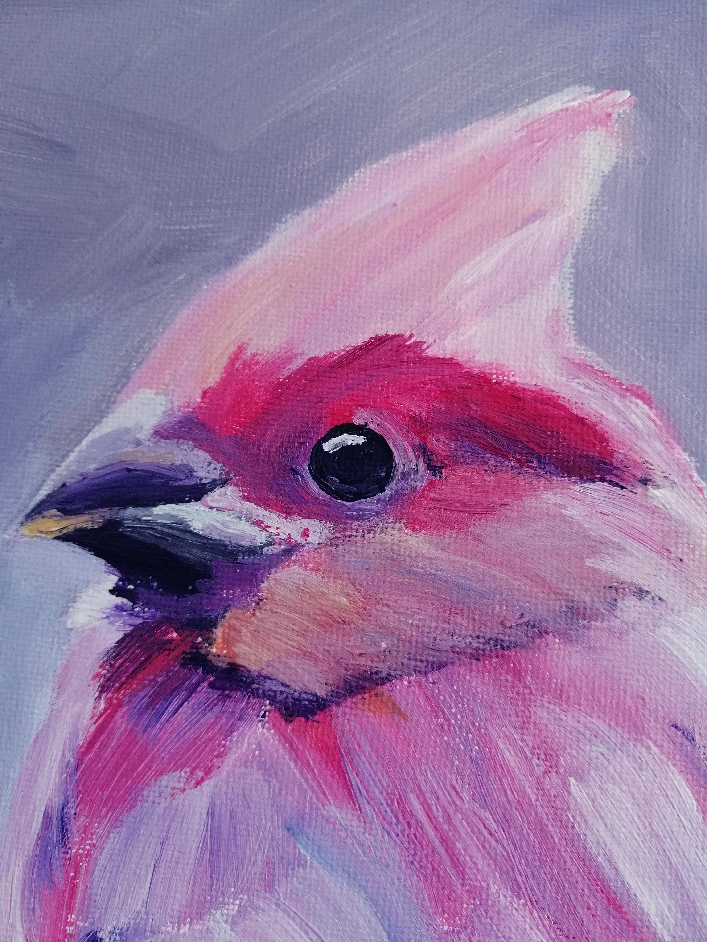 Pájaro rosa sobre lienzo lila. - Painting Abstracto de Svetlana Saratova