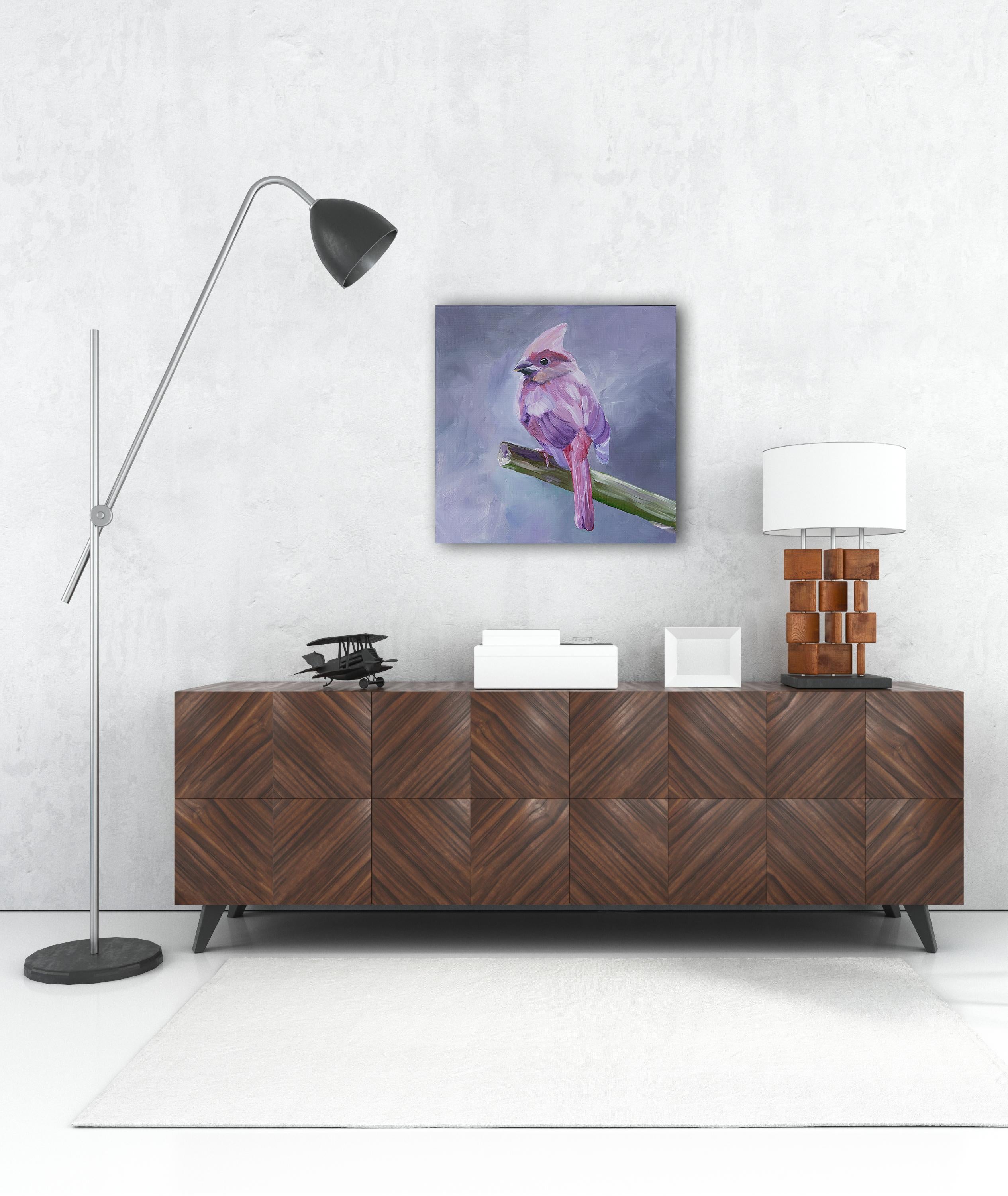 Pájaro rosa sobre lienzo lila. en venta 4