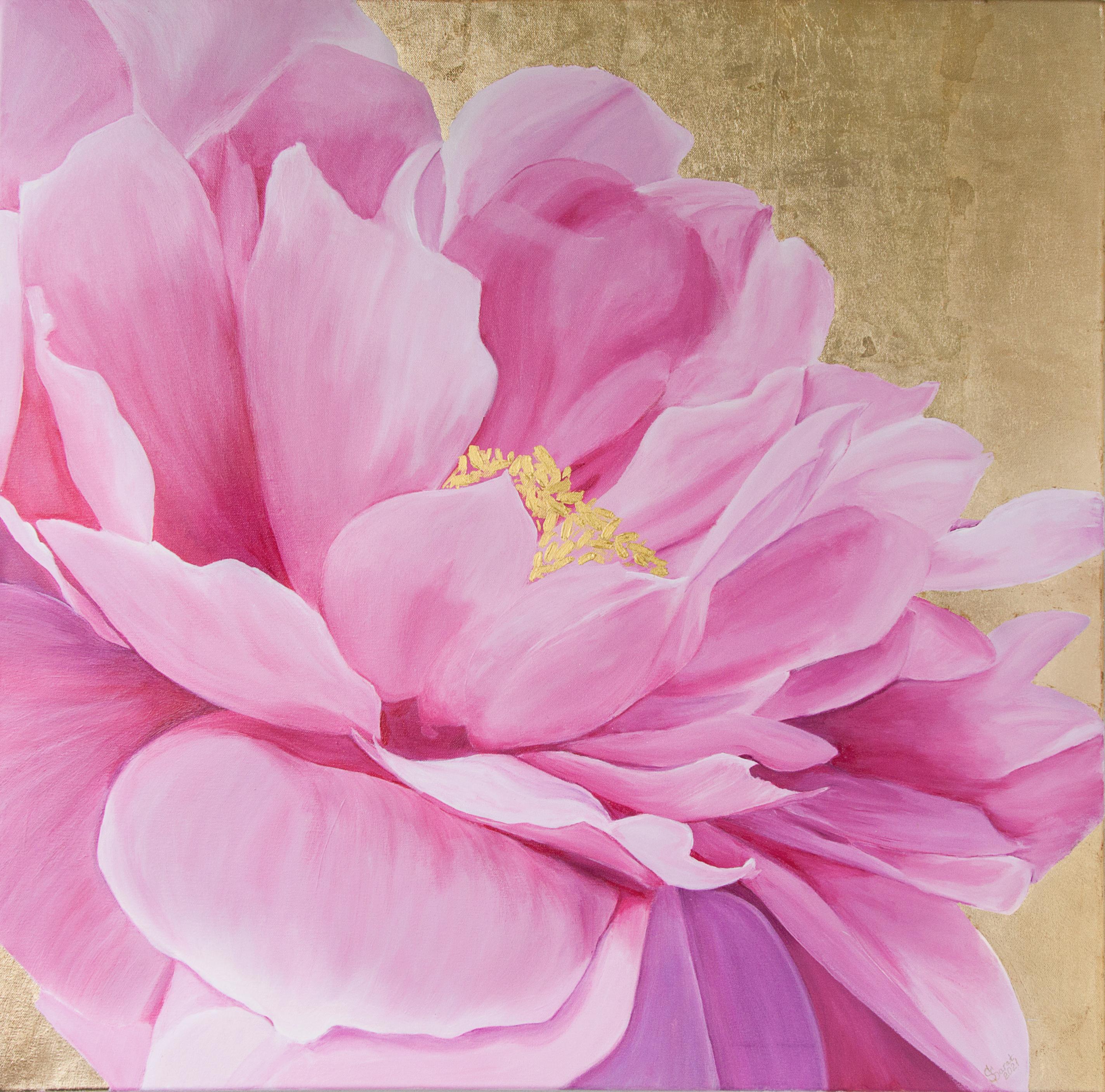 Pink peony on a golden background