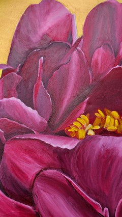 Raspberry peony on a golden background.