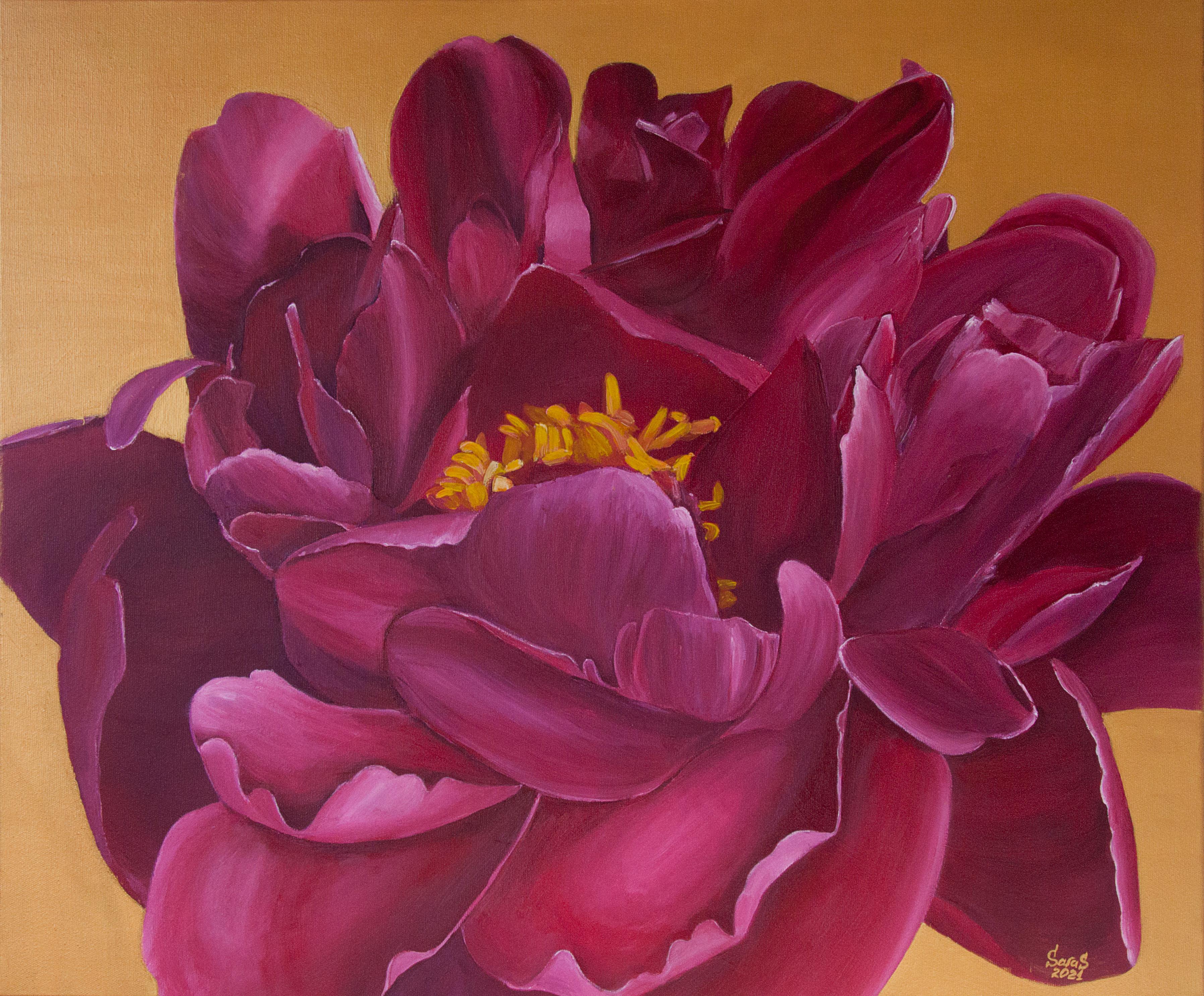 Raspberry peony on a golden background.