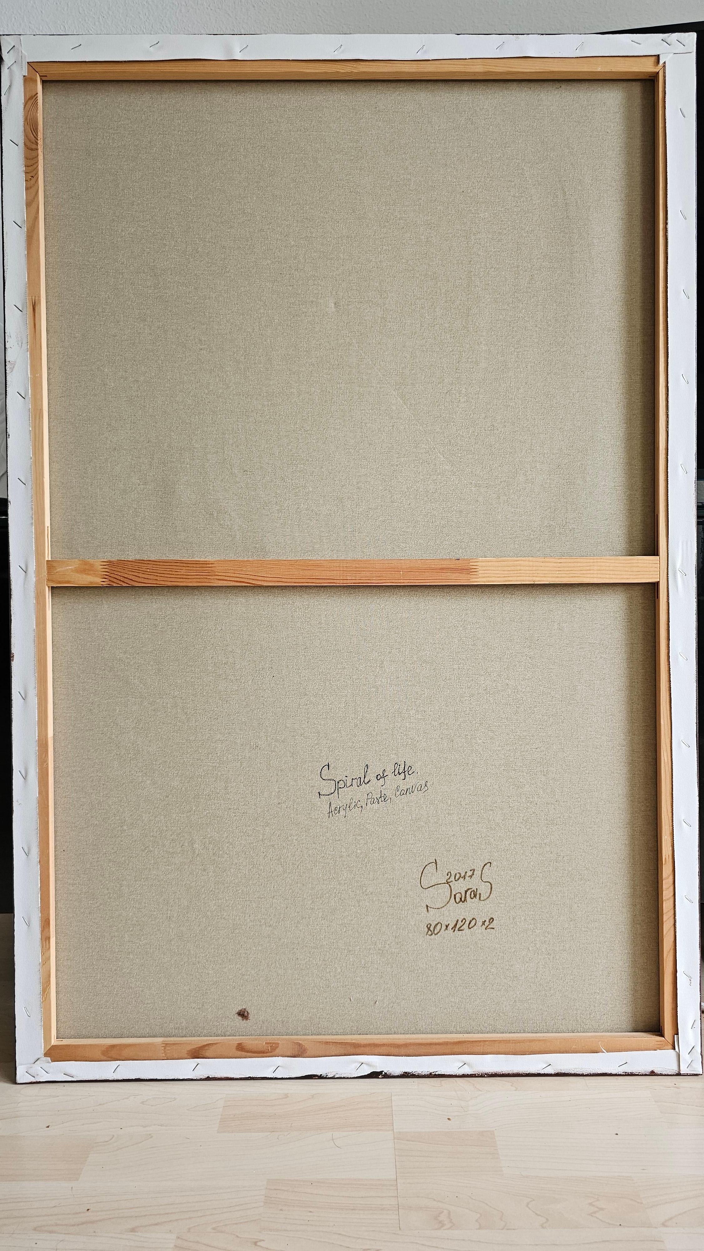 The painting “Spiral of Life” is created on canvas using structural paste.

At the heart of the composition lies a powerful spiral leading toward the center of the canvas. Rhythmic lines evoke a sense of motion, drawing the viewer inward, while also