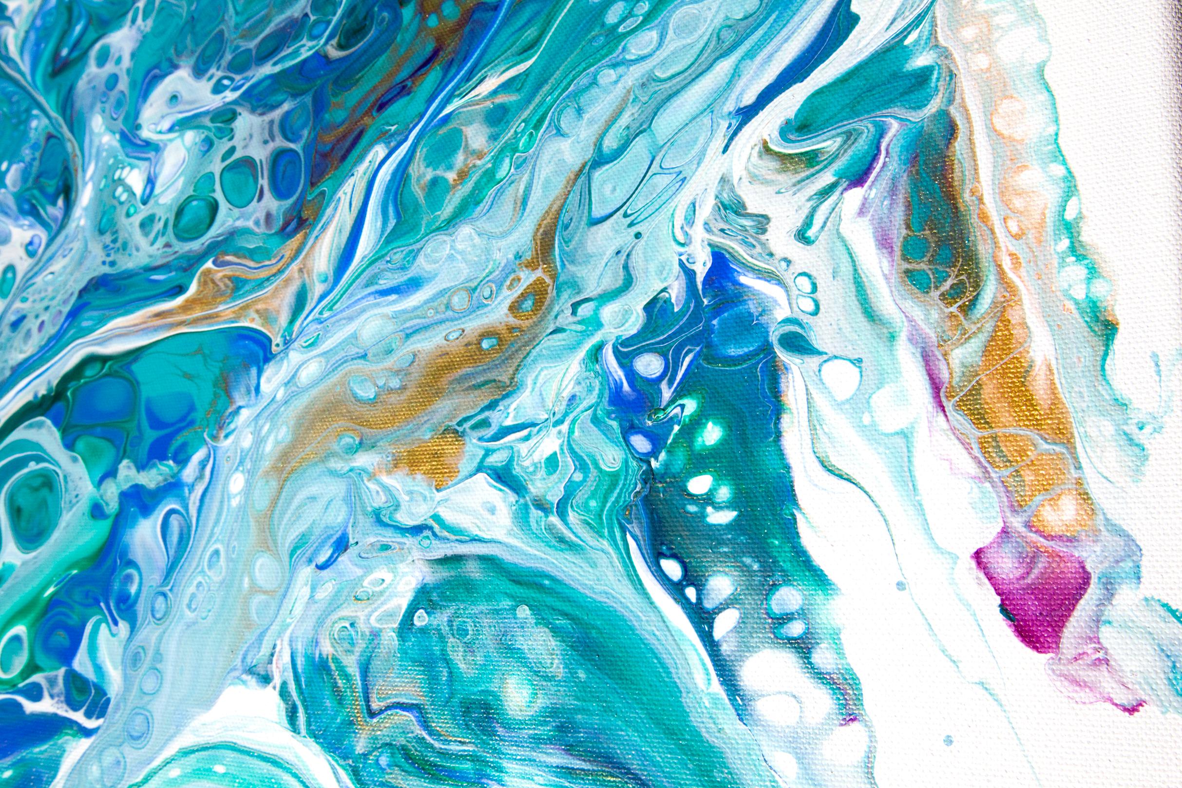 Turquoise blue abstraction with gold on white background – Painting von Svetlana Saratova