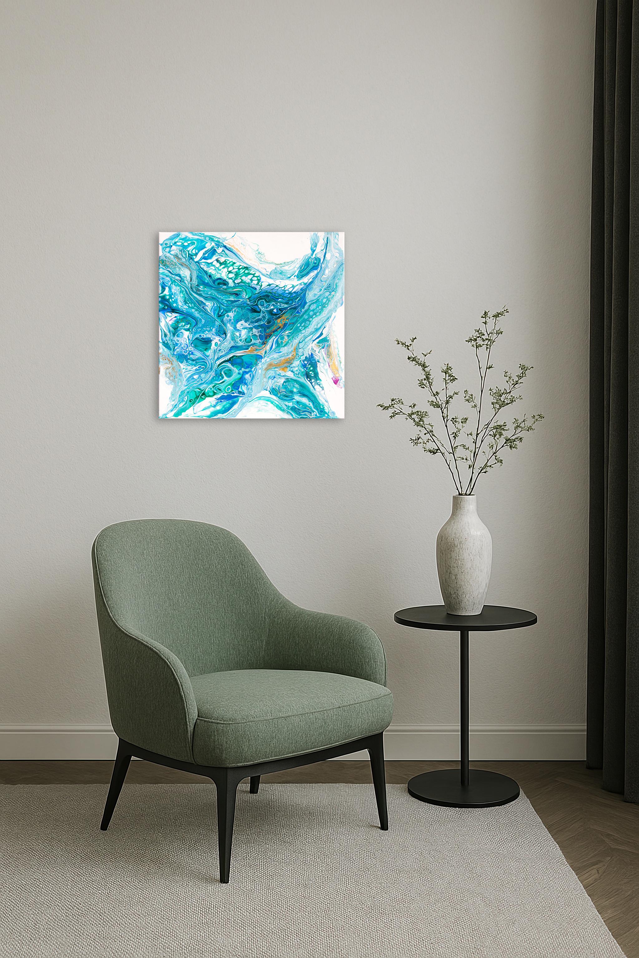 Turquoise blue abstraction with gold on white background im Angebot 1