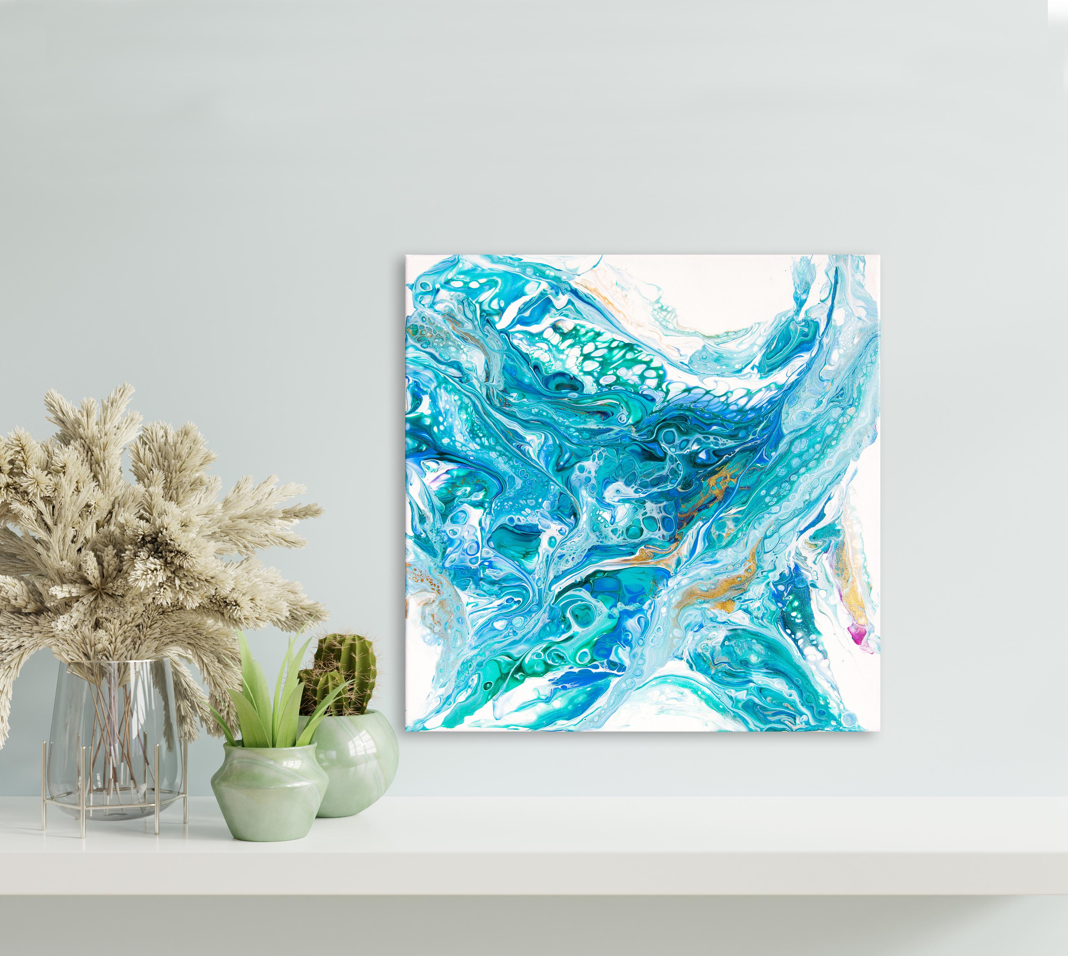 Turquoise blue abstraction with gold on white background im Angebot 2