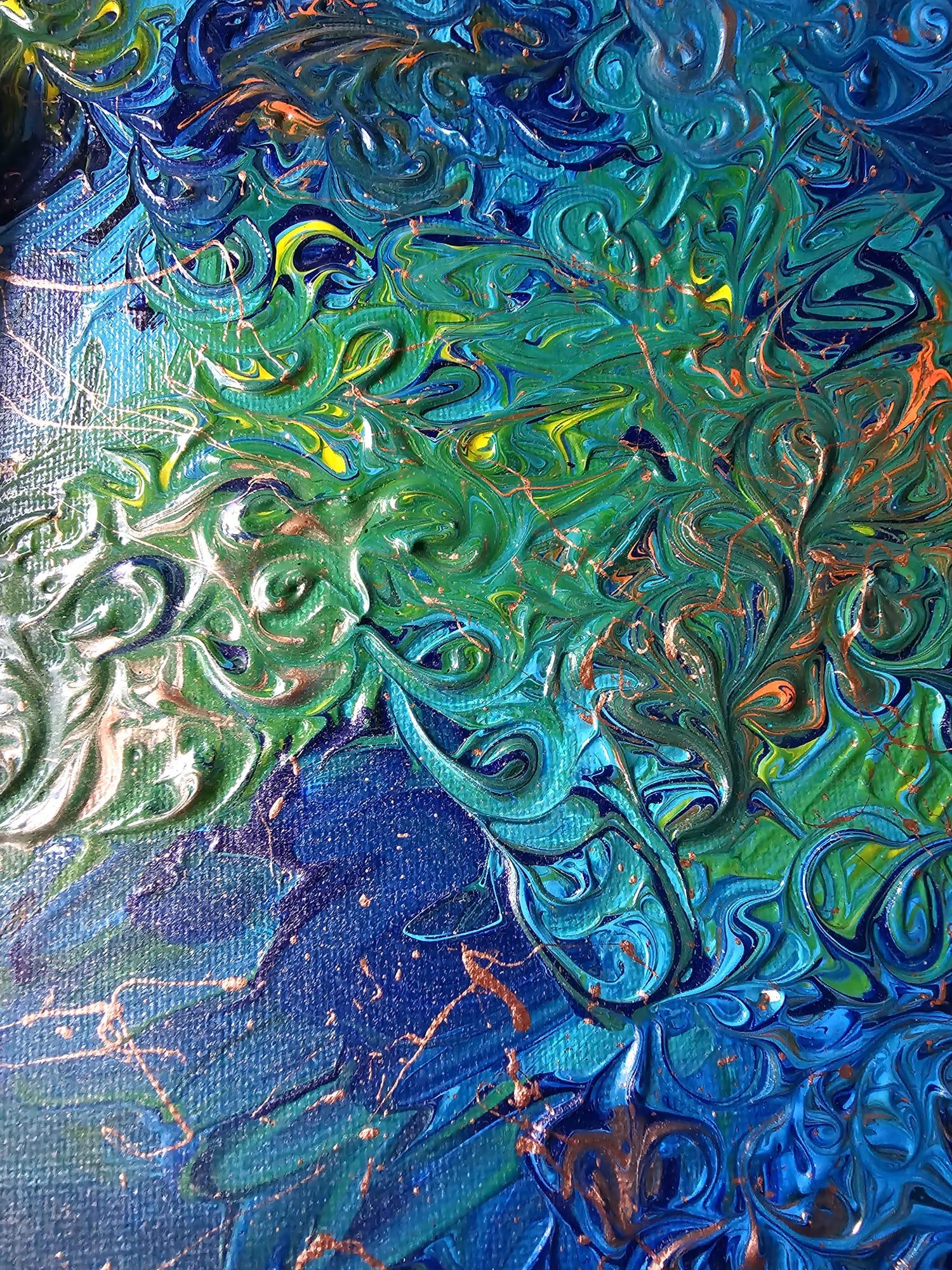 Monde sous-marin. Peinture abstraite - Bleu Landscape Painting par Svetlana Saratova