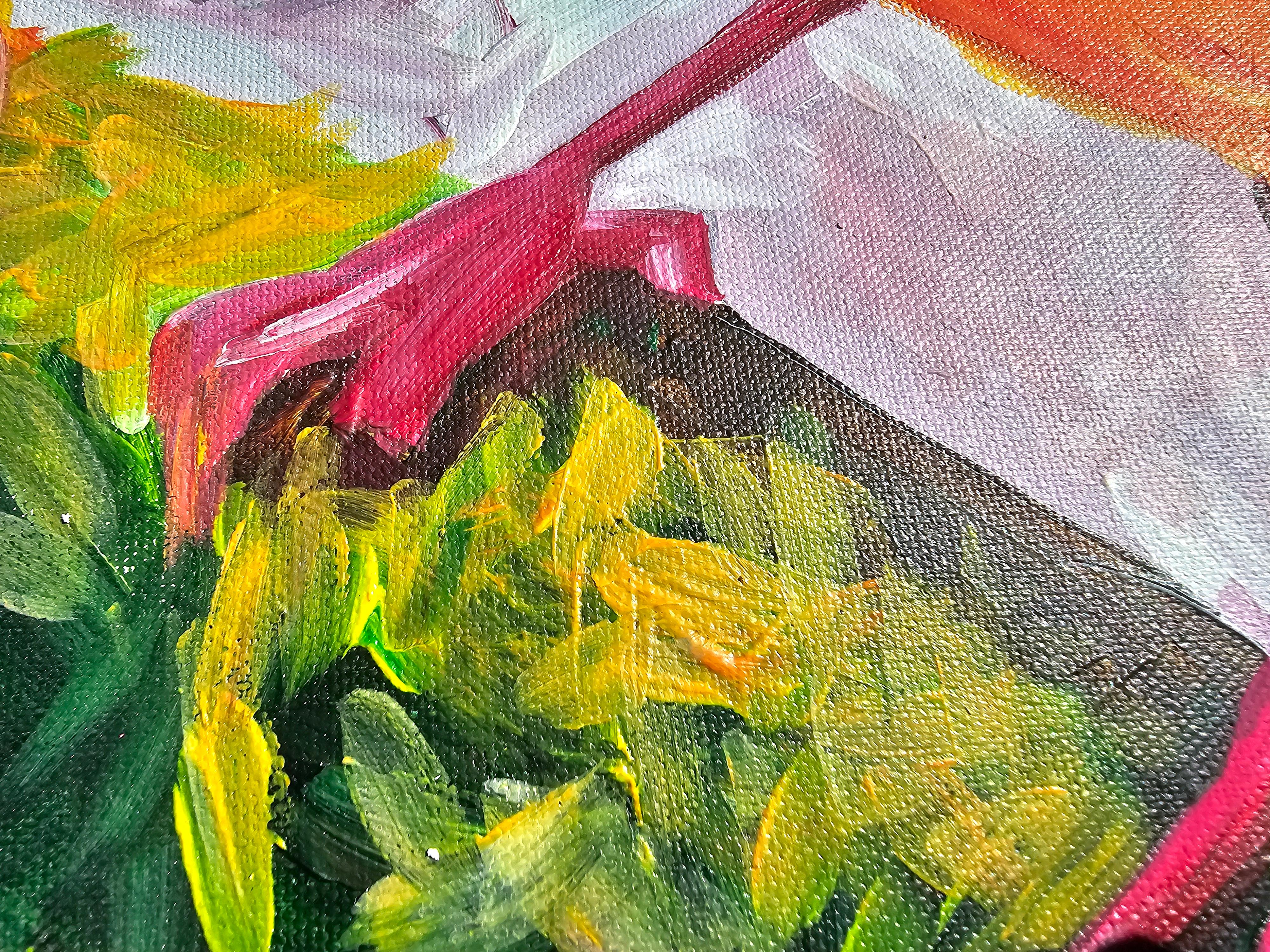 En un lienzo cuadrado de 40×40 cm, pintado con acrílicos, se representa un pájaro exótico y brillante. Su plumaje cautiva al espectador con tonos vivos de amarillo, negro y burdeos. El rasgo más llamativo es la cabeza crestada con una máscara de