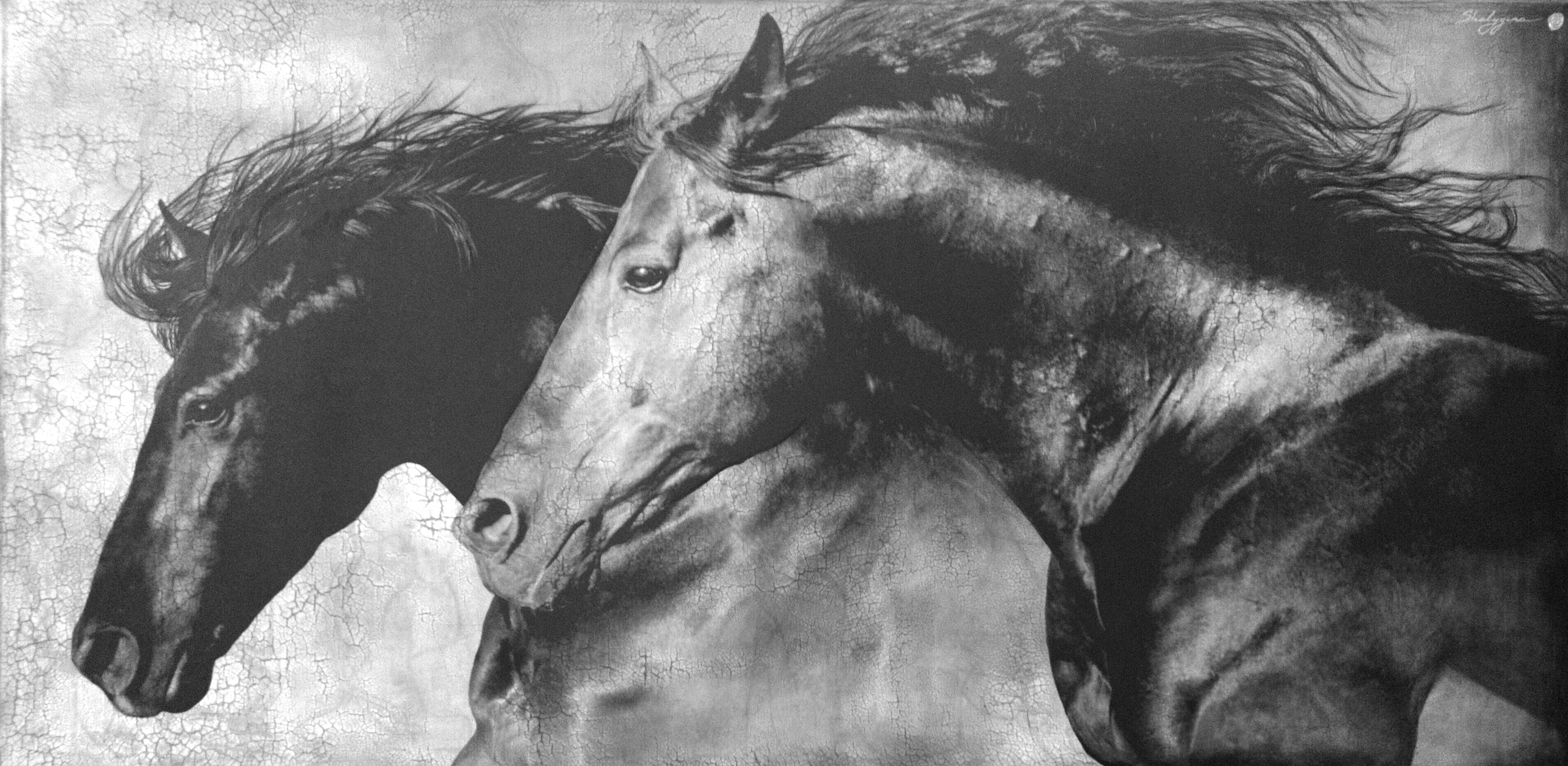 Svetlana Shalygina Animal Painting - "Freedom without Restraint" 48" x 96" Oversized Contemporary Mixed Media Horses 