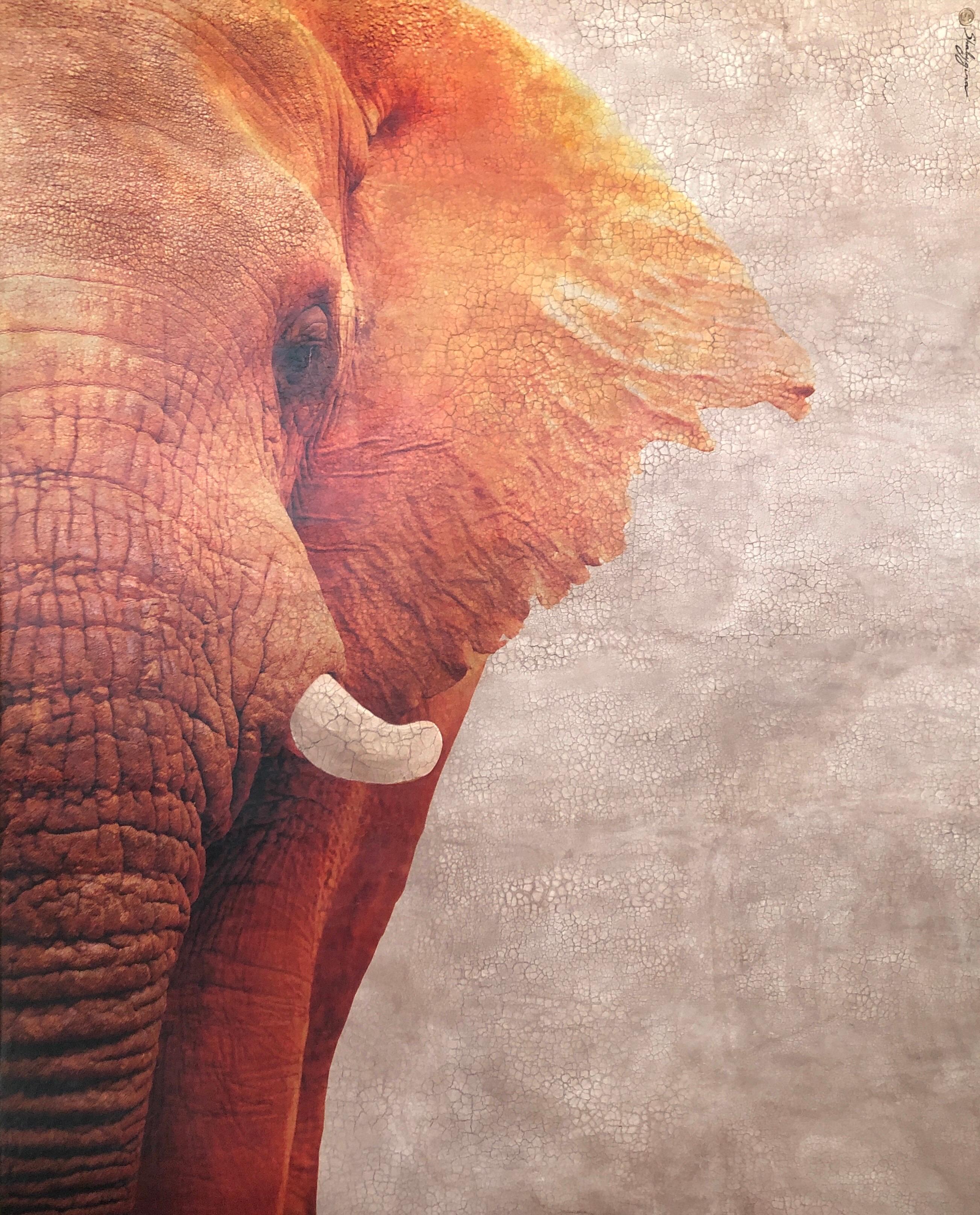 Svetlana Shalygina Animal Painting - Large Elephant Portrait Burnt Orange Texture Hyperrealistic Mixed Media 71"x57"