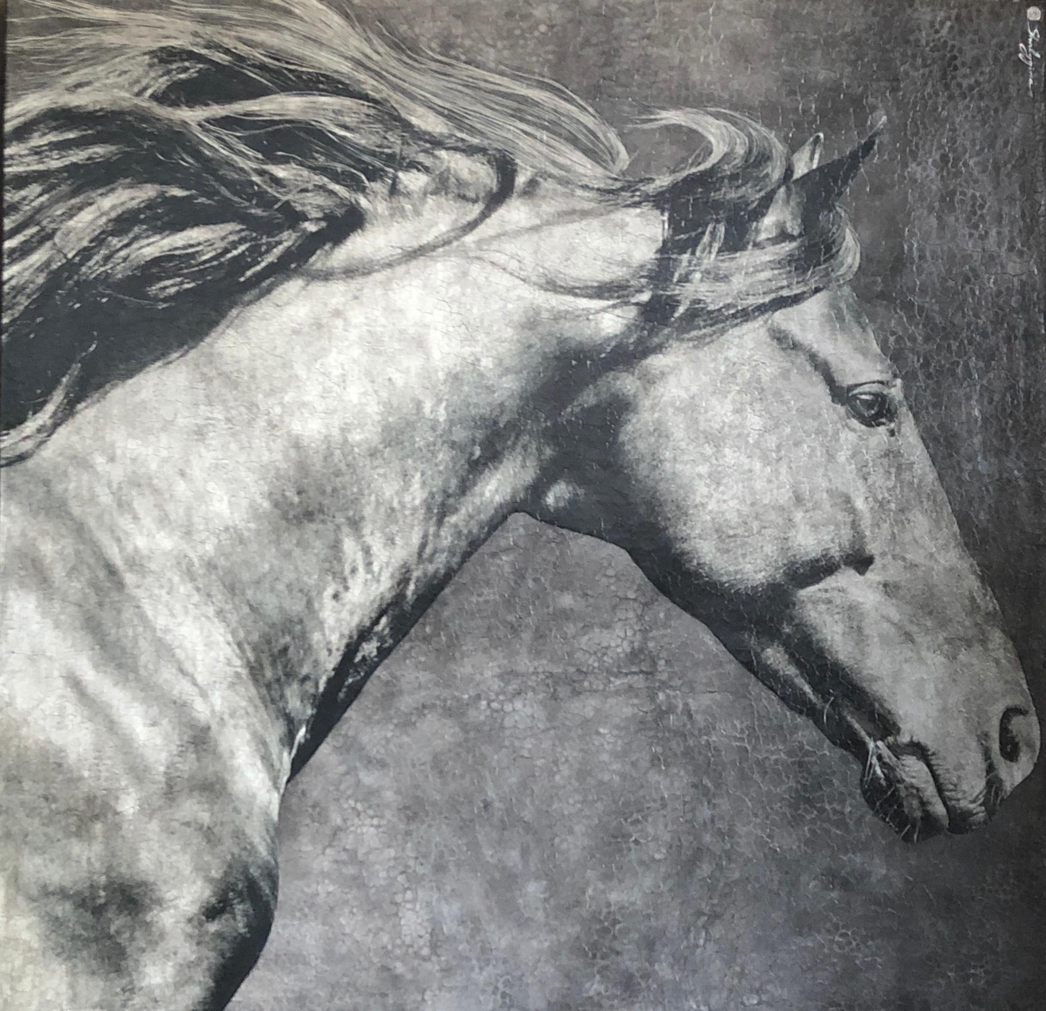 Horse Portrait Black Gray Large Oversized Textured Monochrome Animal Art 72x72 - Mixed Media Art by Svetlana Shalygina