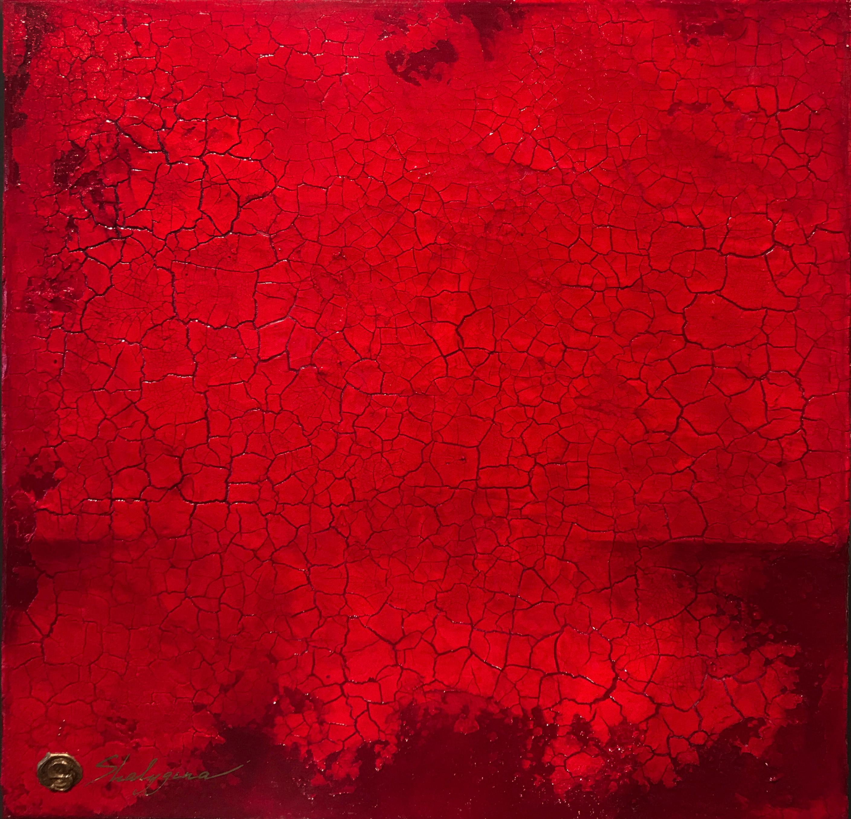 Pintura original en técnica mixta, abstracta, minimalista y contemporánea, de textura roja en venta 1