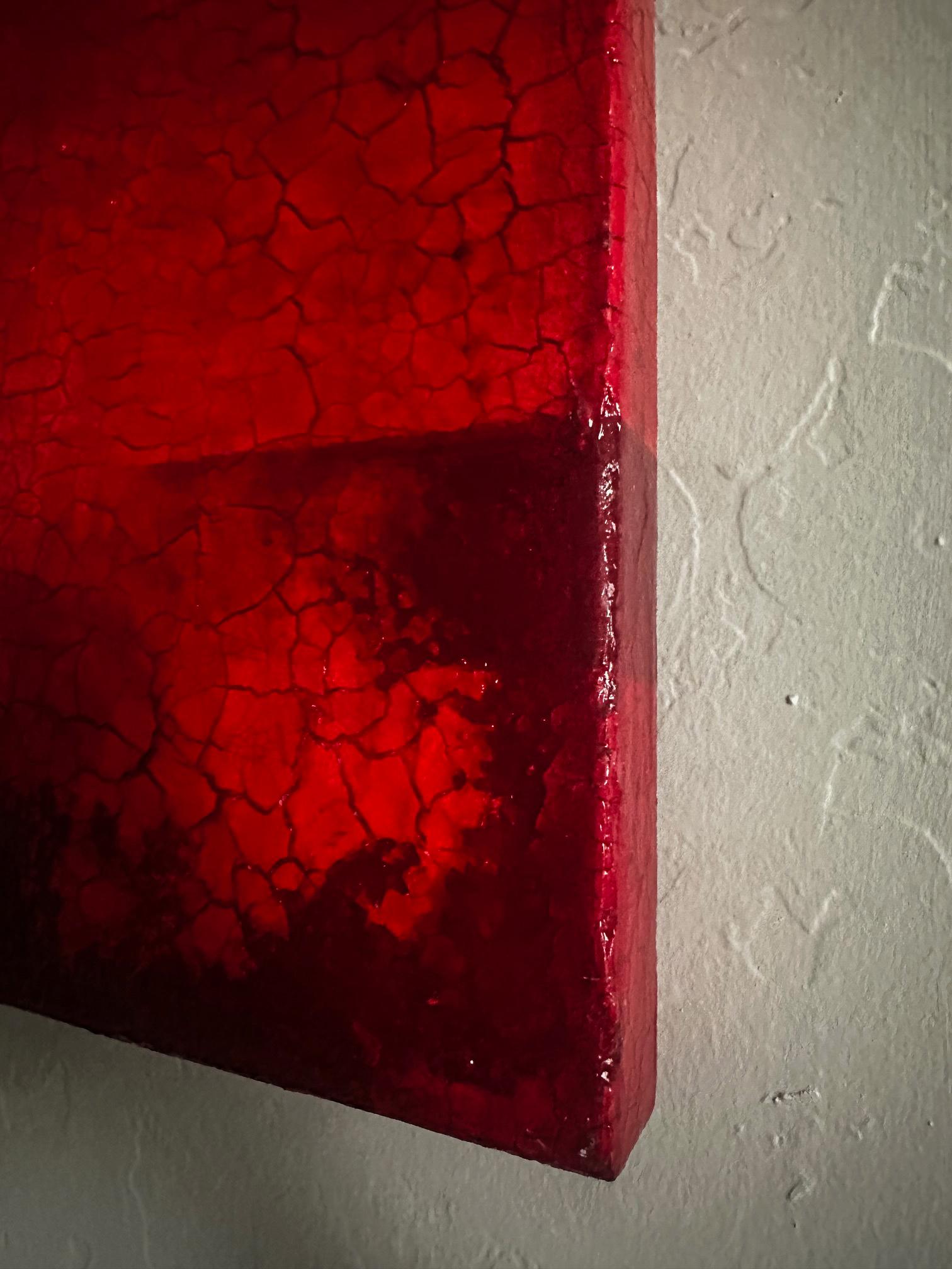 Pintura original en técnica mixta, abstracta, minimalista y contemporánea, de textura roja en venta 2