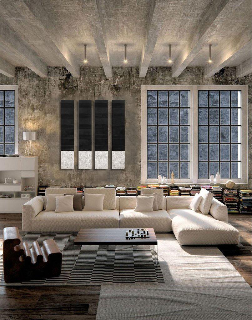 Abstract textured panels, minimalist original oil paintings, charcoal/grey/white For Sale 2