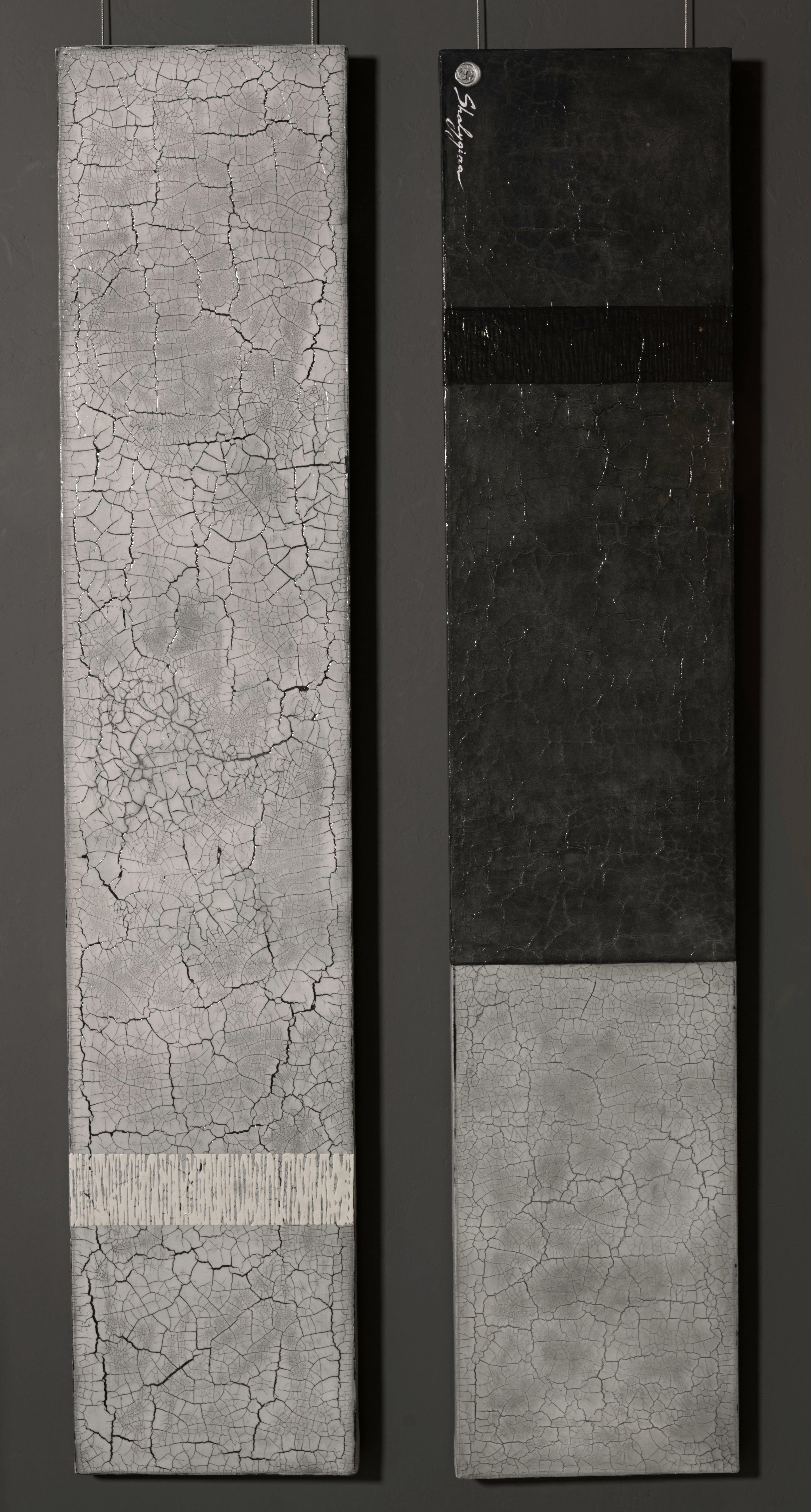 Black White Grey Minimalist Abstract Contemporary Texture Diptych 60x24  