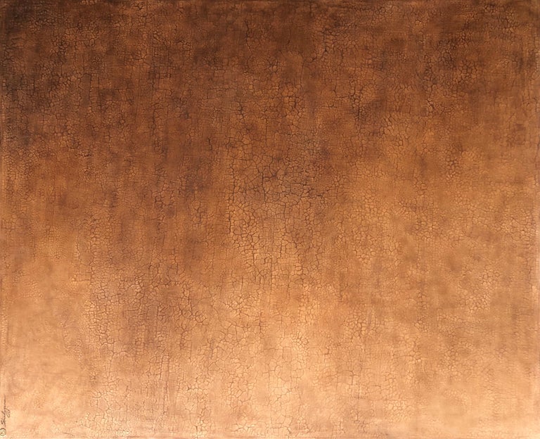 "The Sacred Color" 59" x 72" is original, one-of-a-kind, large, monochrome, minimalist, distressed, weathered, contemporary, modern, abstract, textured mixed media, oversized painting by Svetlana Shalygina. 
Color: brown-orange tones, warm hues of