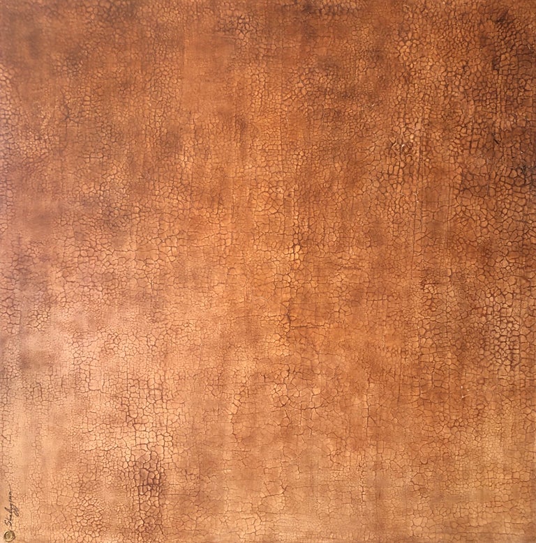 "The Sacred Color of Spirituality and Peace" 48" x 48" is original, one-of-a-kind, large, monochrome, minimalist, distressed, weathered, contemporary, modern, abstract, textured mixed media painting by Svetlana Shalygina. 
Color: warm tones,