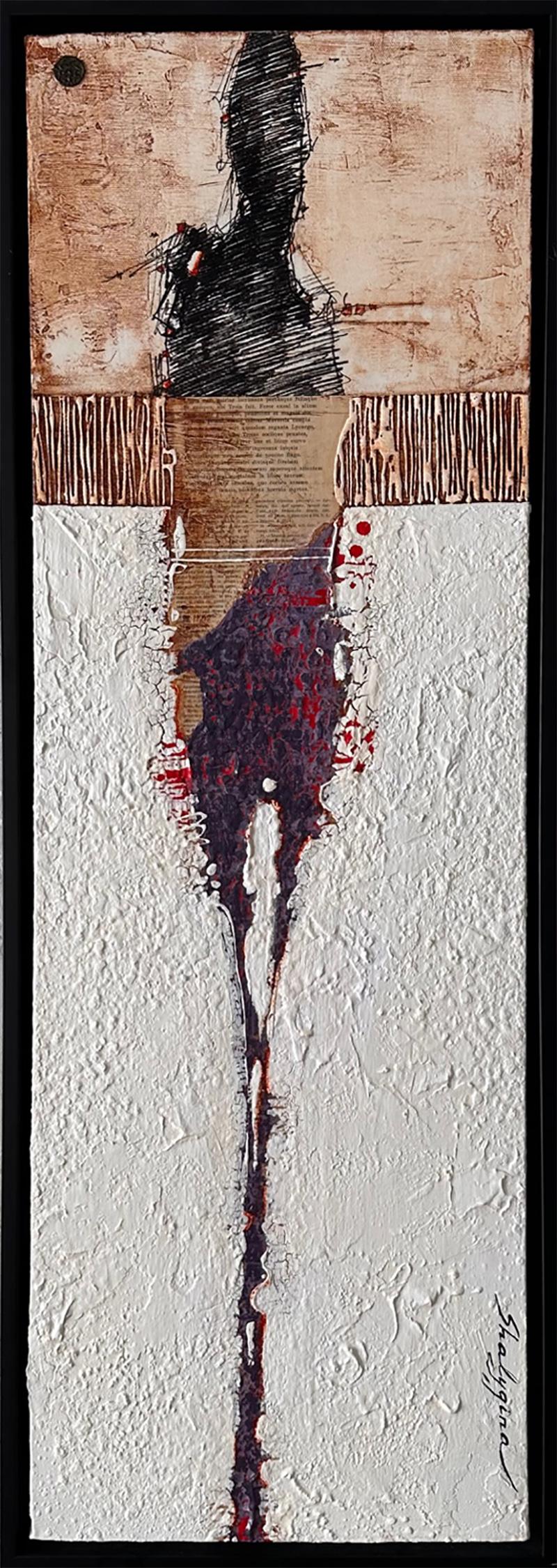 Originale figurativo astratto a olio a tecnica mista, viola/rosso/bianco vibrante)