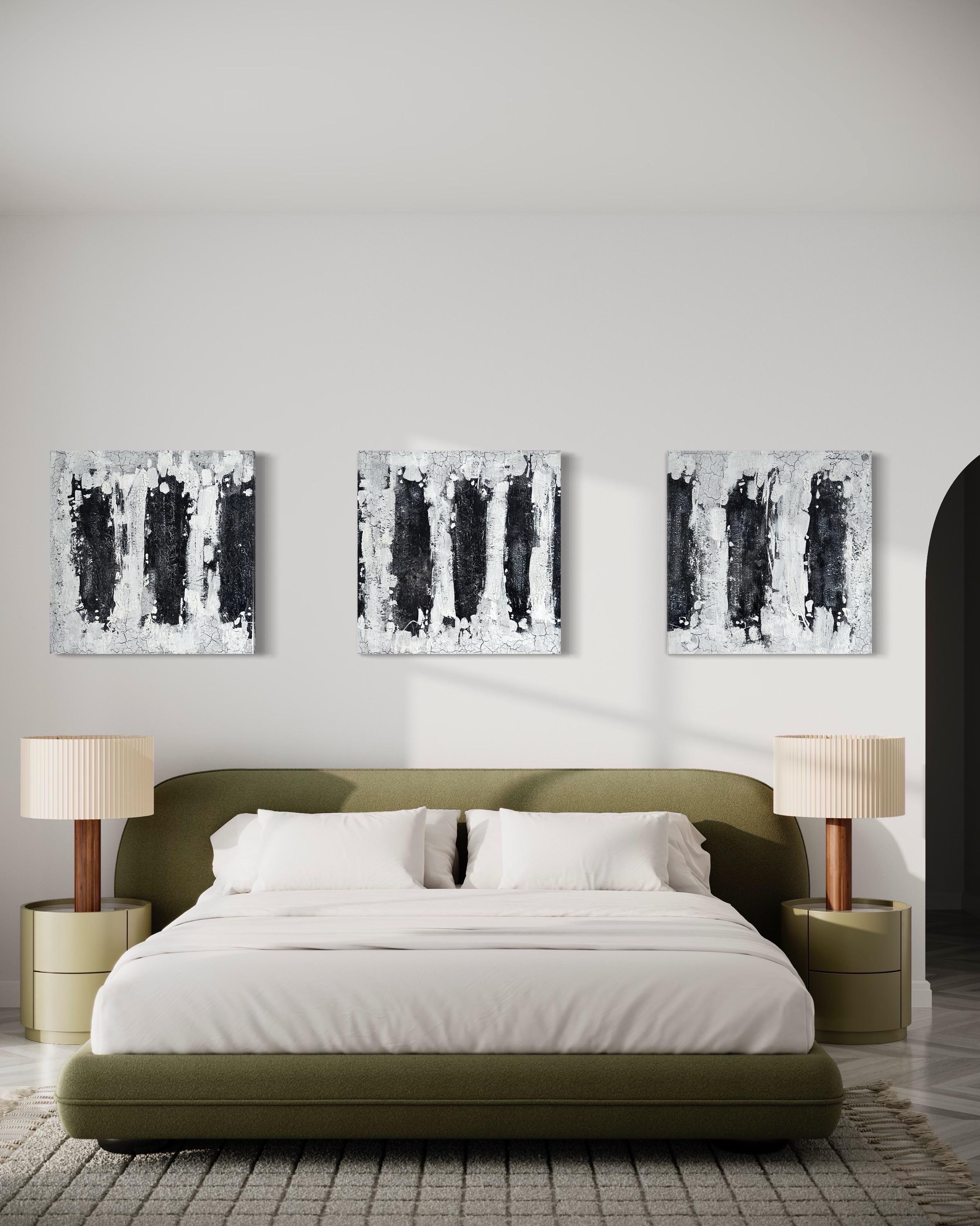 Contemporary Abstract Texture Triptychon Malerei, schwarz-weiß minimalistisch im Angebot 9