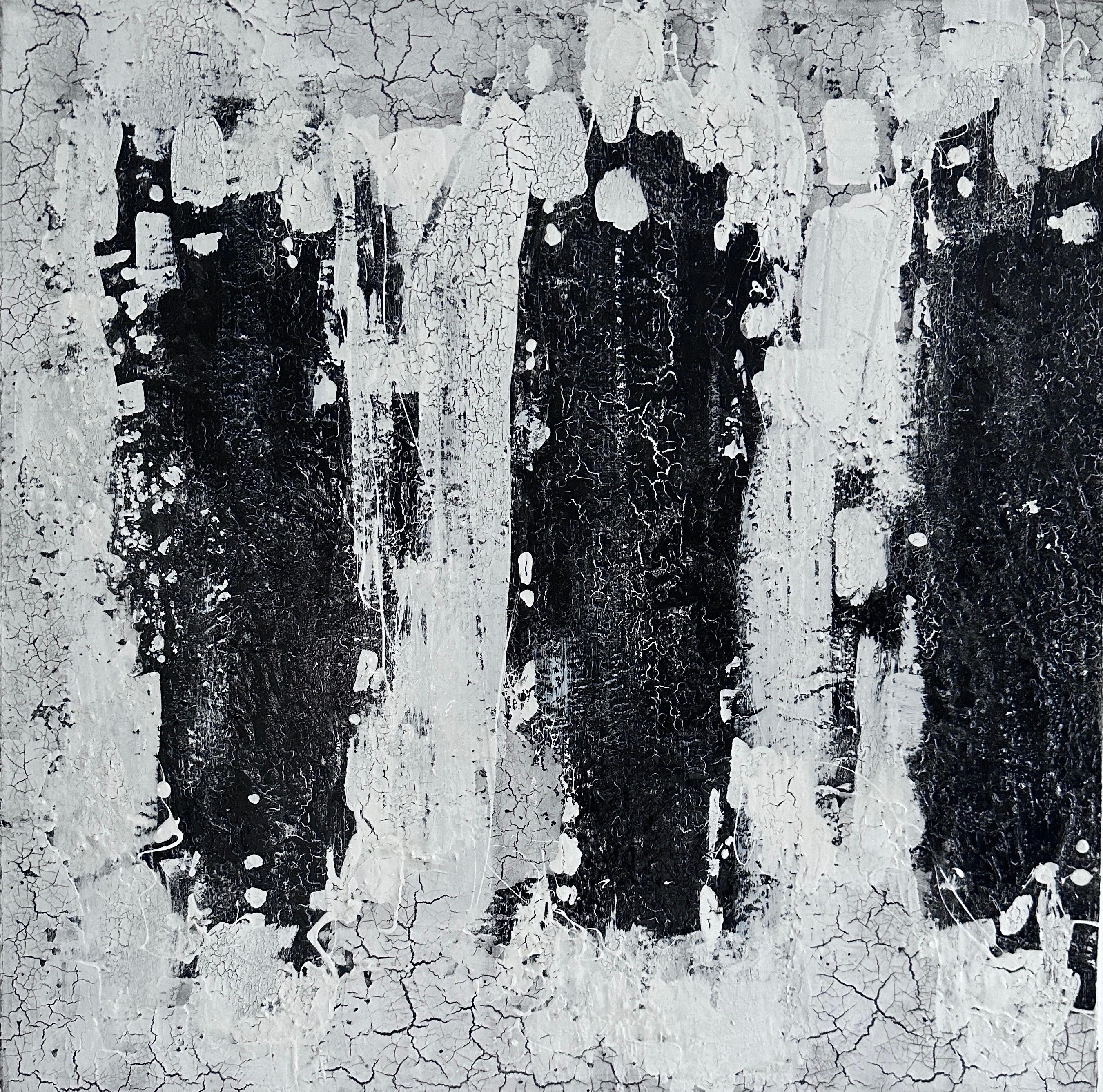 Contemporary Abstract Texture Triptychon Malerei, schwarz-weiß minimalistisch im Angebot 4