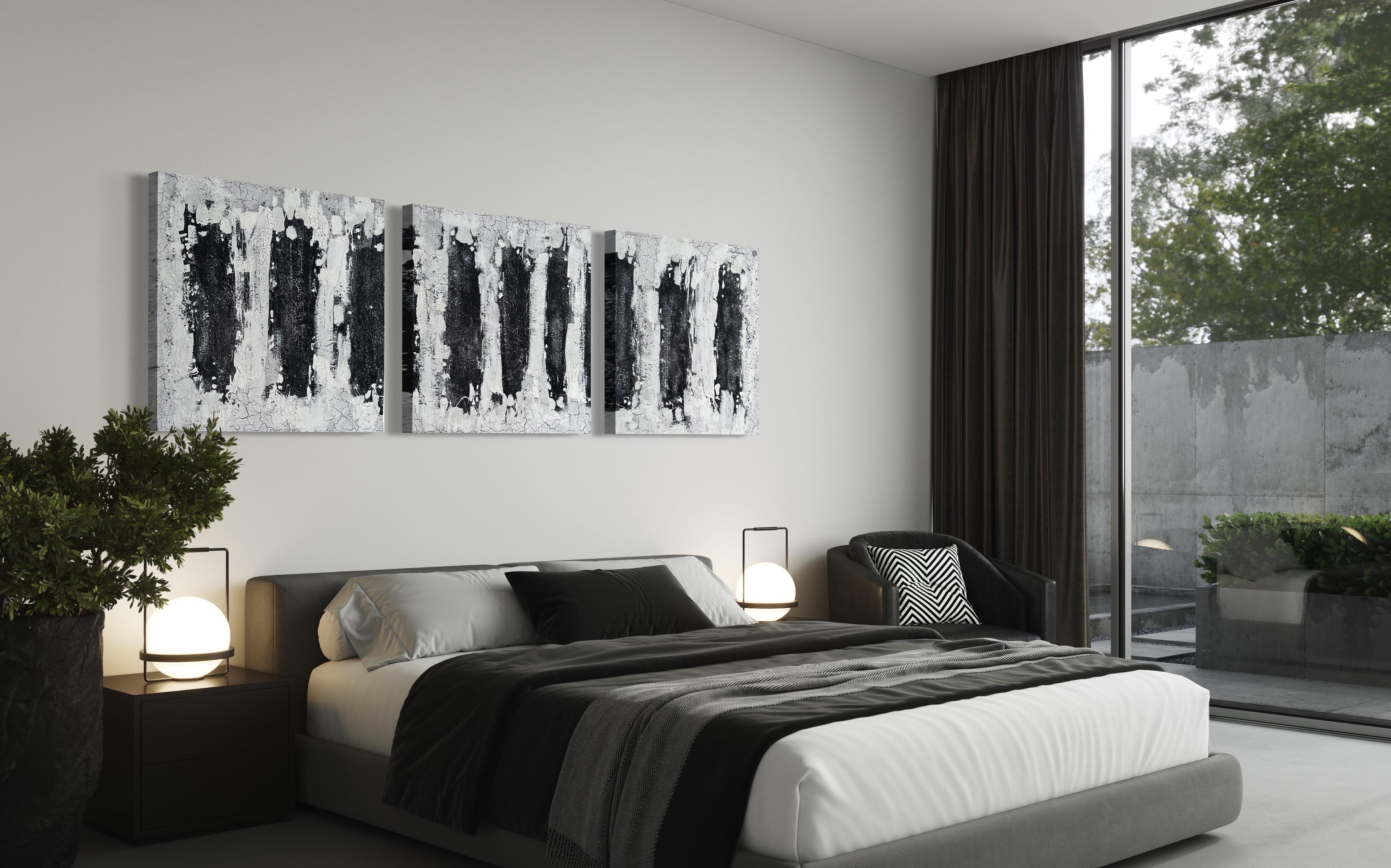 Contemporary Abstract Texture Triptychon Malerei, schwarz-weiß minimalistisch im Angebot 7
