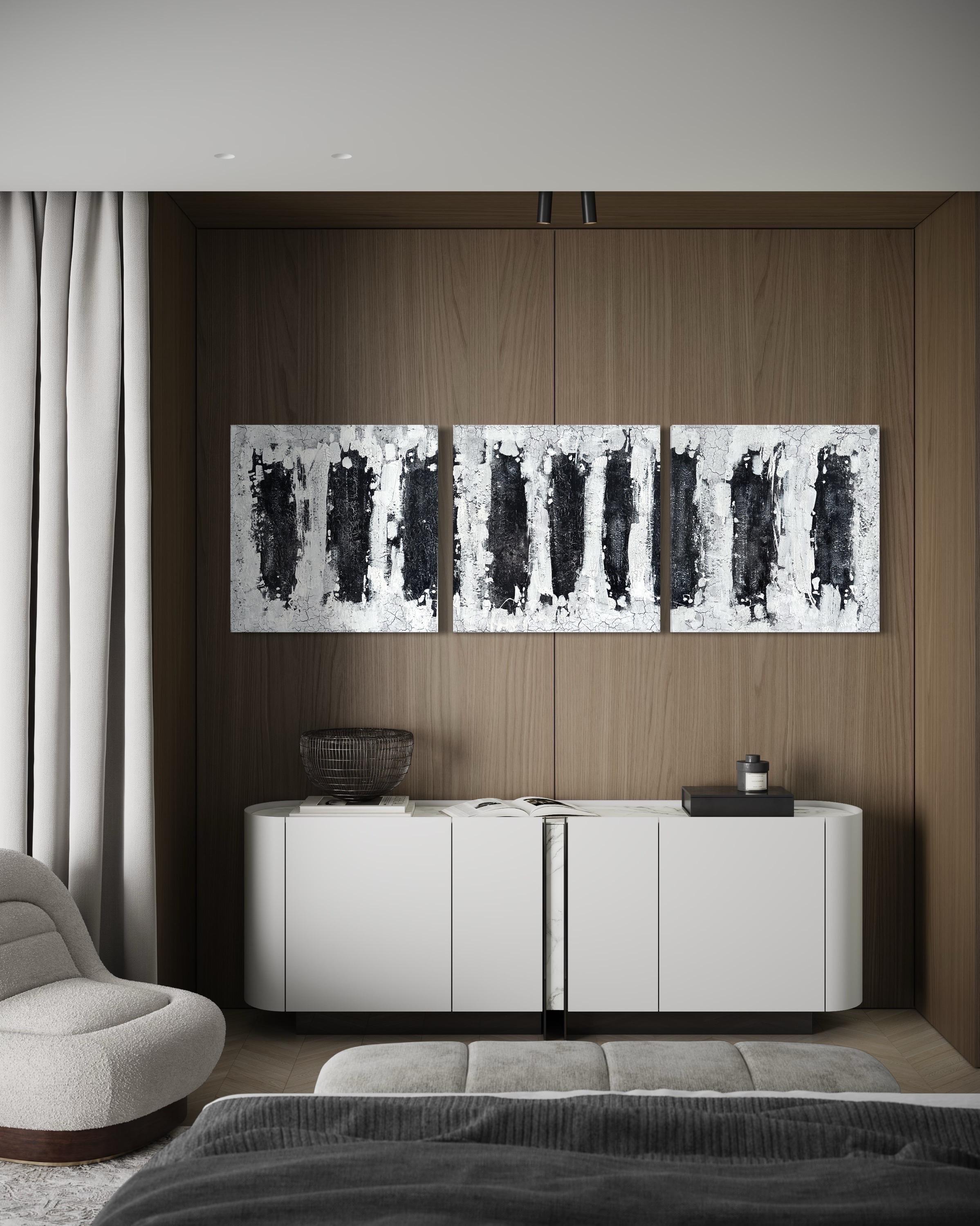 Contemporary Abstract Texture Triptychon Malerei, schwarz-weiß minimalistisch (Zeitgenössisch), Mixed Media Art, von Svetlana Shalygina