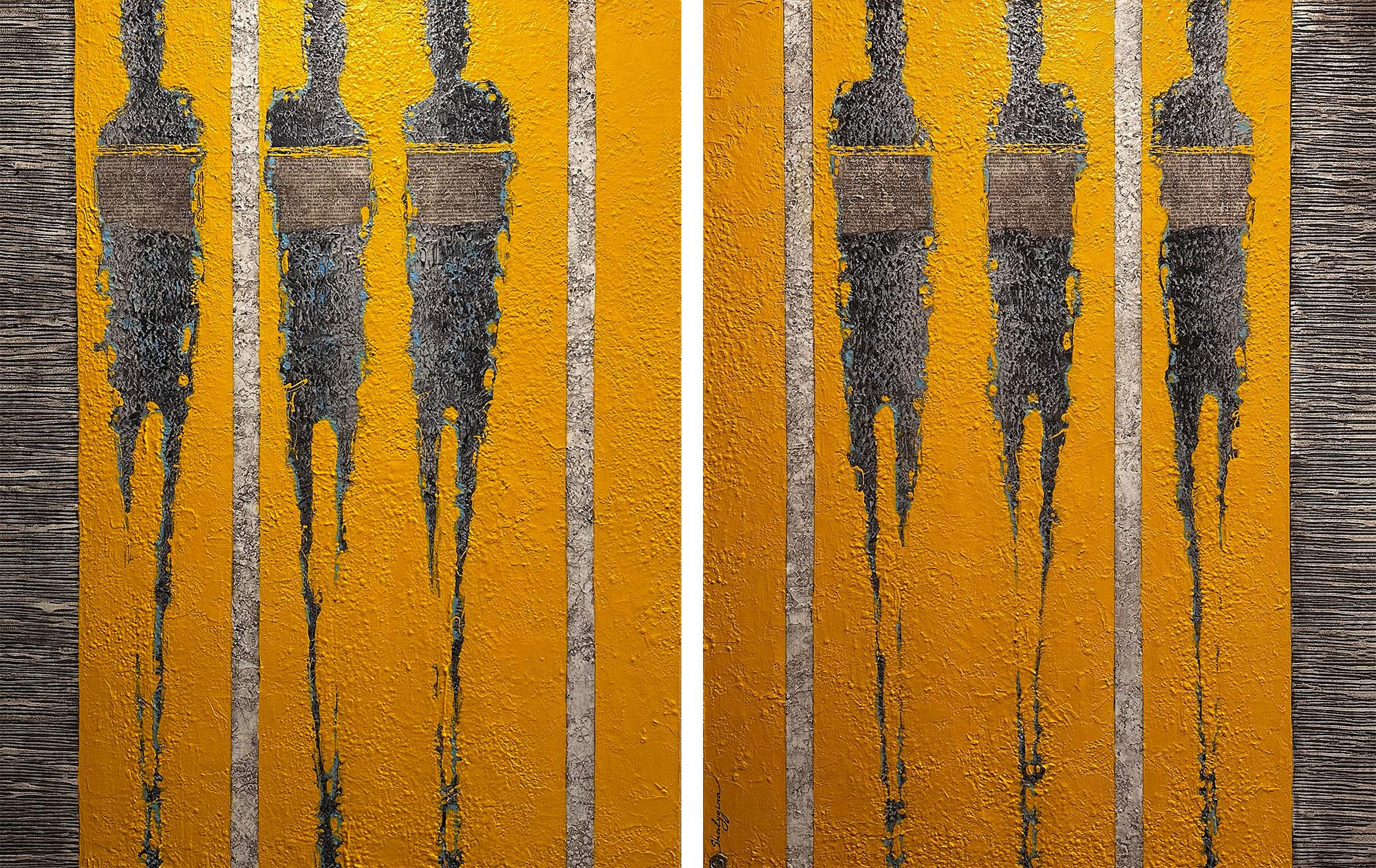 Contemporary, Figurative Yellow abstract diptych, unique textured bold color - Painting de Svetlana Shalygina