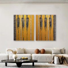 Contemporary, Figurative Yellow abstract diptych, uniquely textured bold color